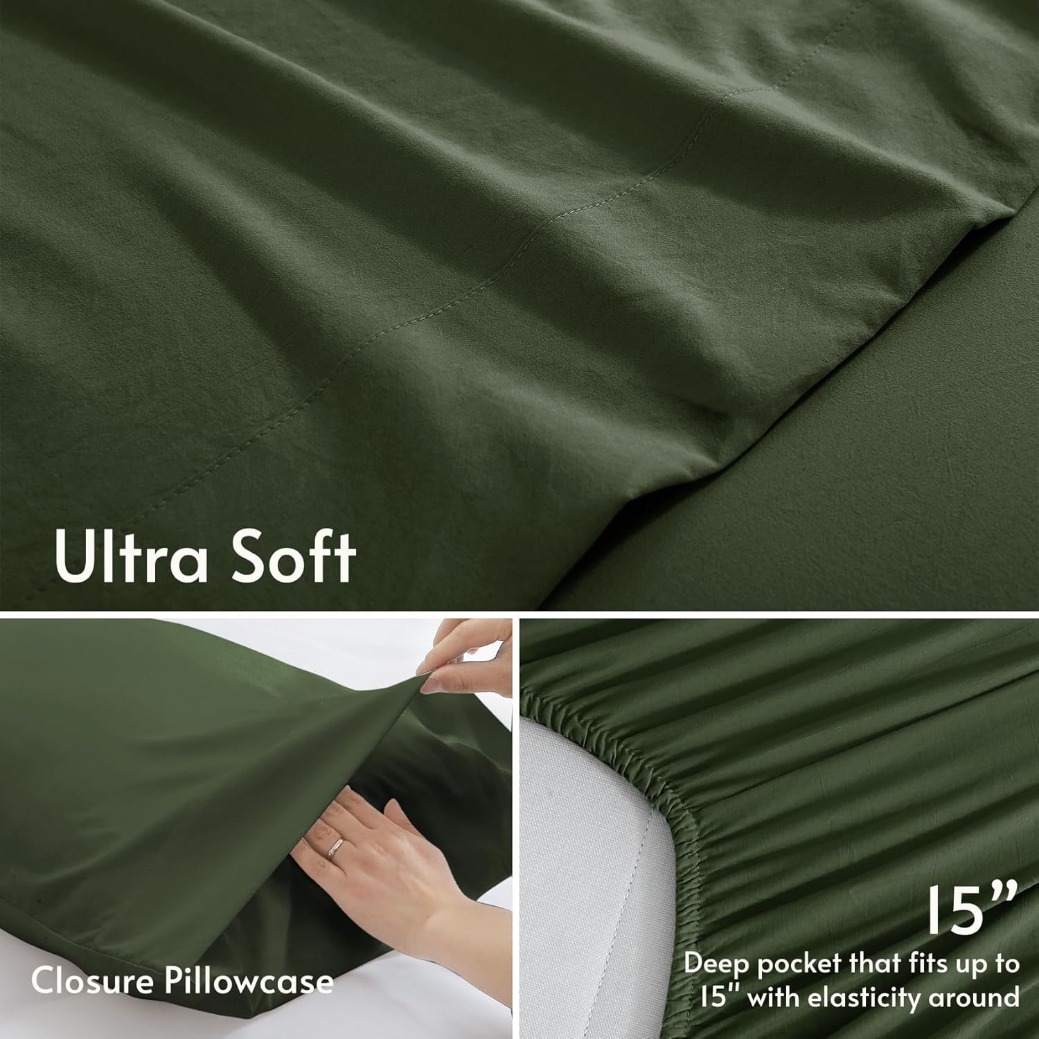 JOLLYVOGUE Sábanas Queen de 4 piezas, juego de sábanas verde oliva para dormitorio con 14 bolsillos profundos, sábanas refrescantes con 1 sábana