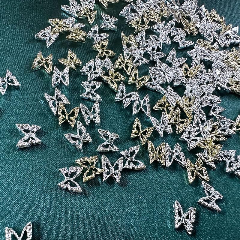 Dijes de mariposa 3D para uñas, 100 piezas de dijes de mariposa para uñas, dijes plateados y dorados para uñas acrílicas, accesorios de arte de uñas
