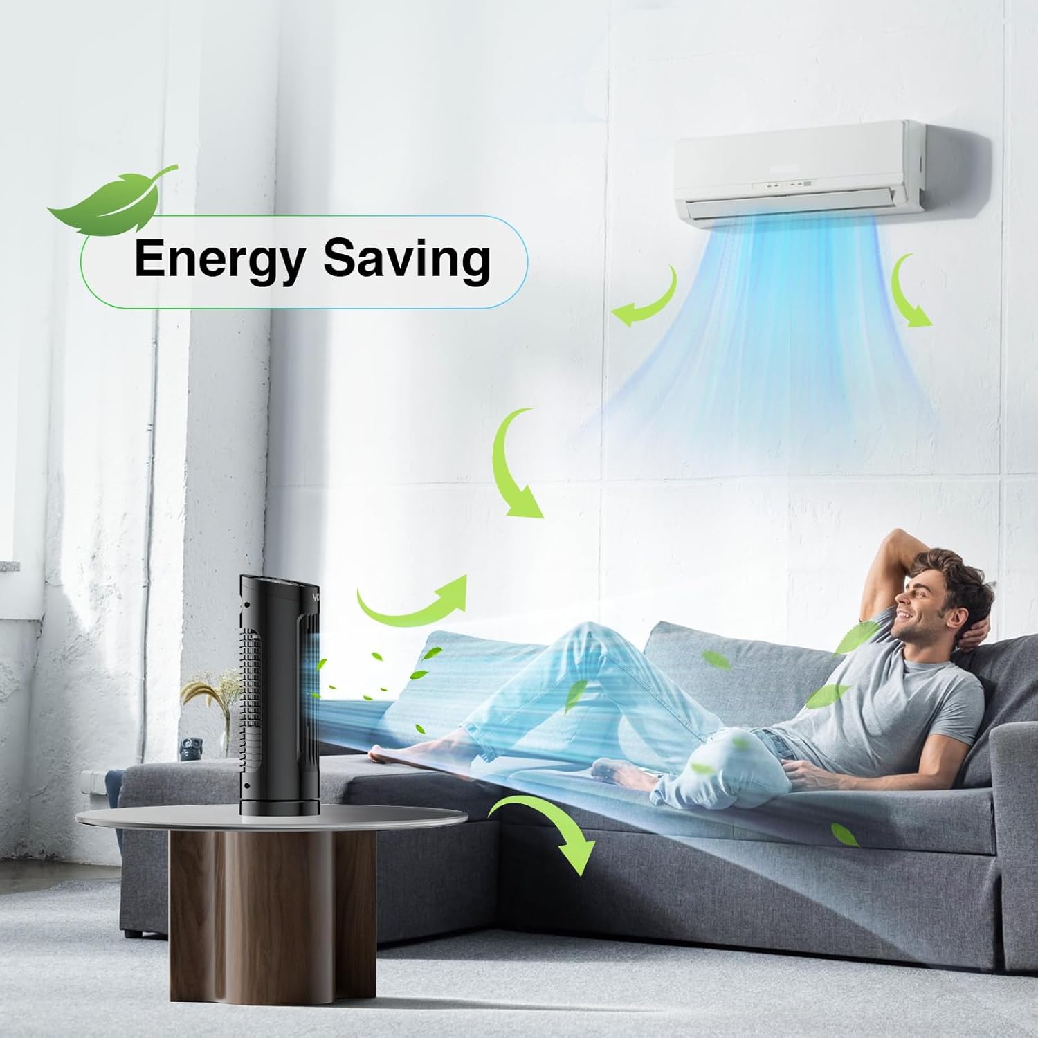 VCK Ventilador de torre de 13 pulgadas, ventilador de escritorio de oscilación de 70 con 3 velocidades, 3 modos de viento, diseño seguro sin aspas,