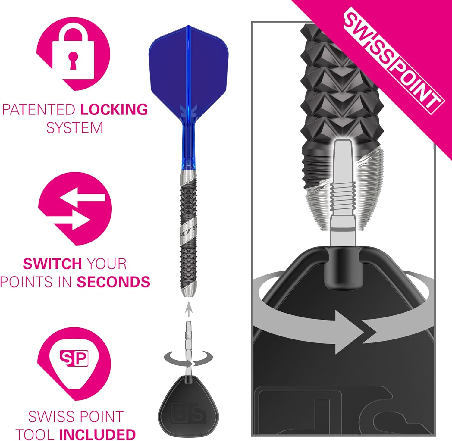 TARGET Darts 975 Ultra Marine 97.5% Tungsten Steel Tip Darts Set – Swiss Point Darts with K-Flex Integrated Flight and Shaft  Includes Dart Takoma