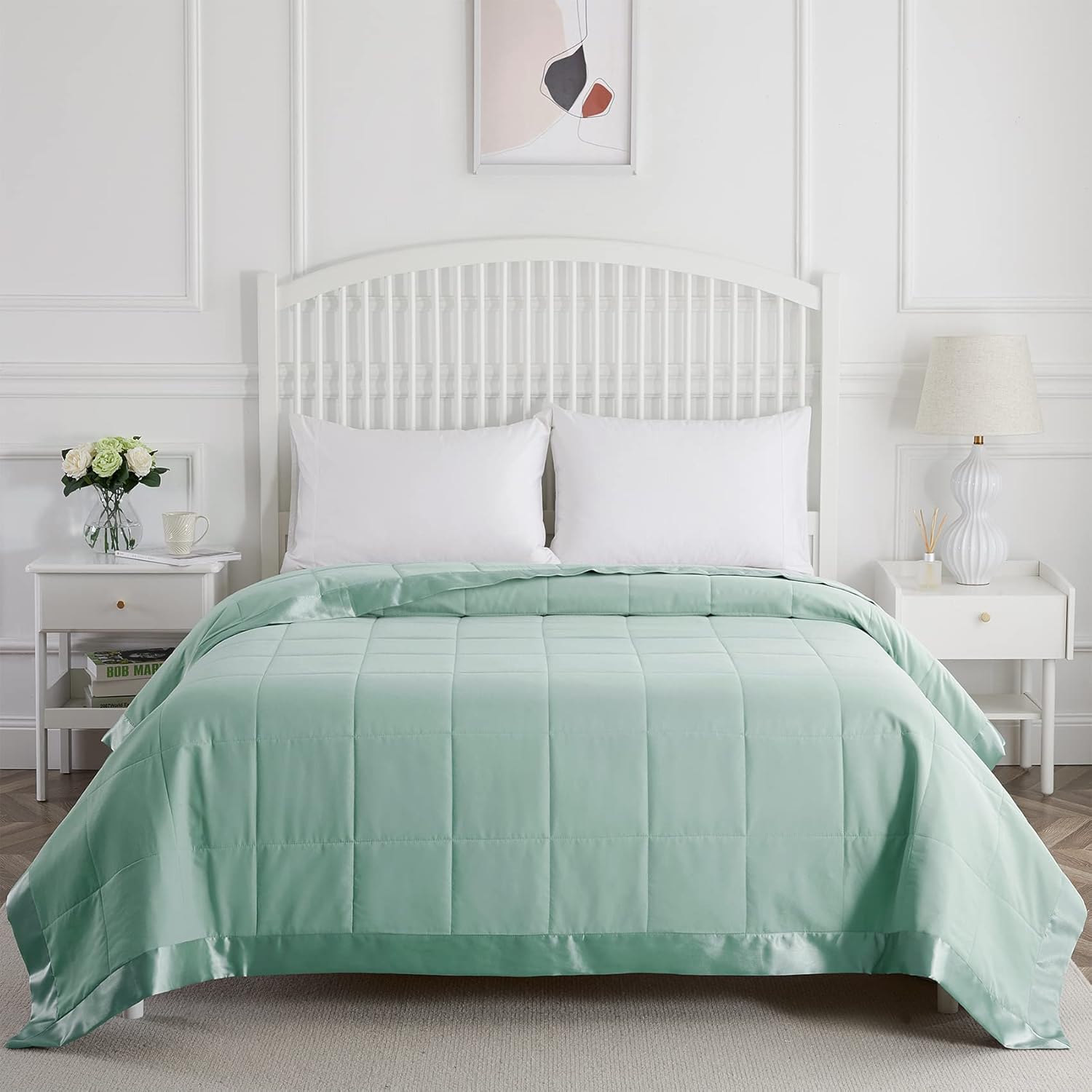 Manta Queen con ribete satinado, manta de cama para todas las estaciones  Invierno verano cómodo suave (verde, matrimonialqueen)