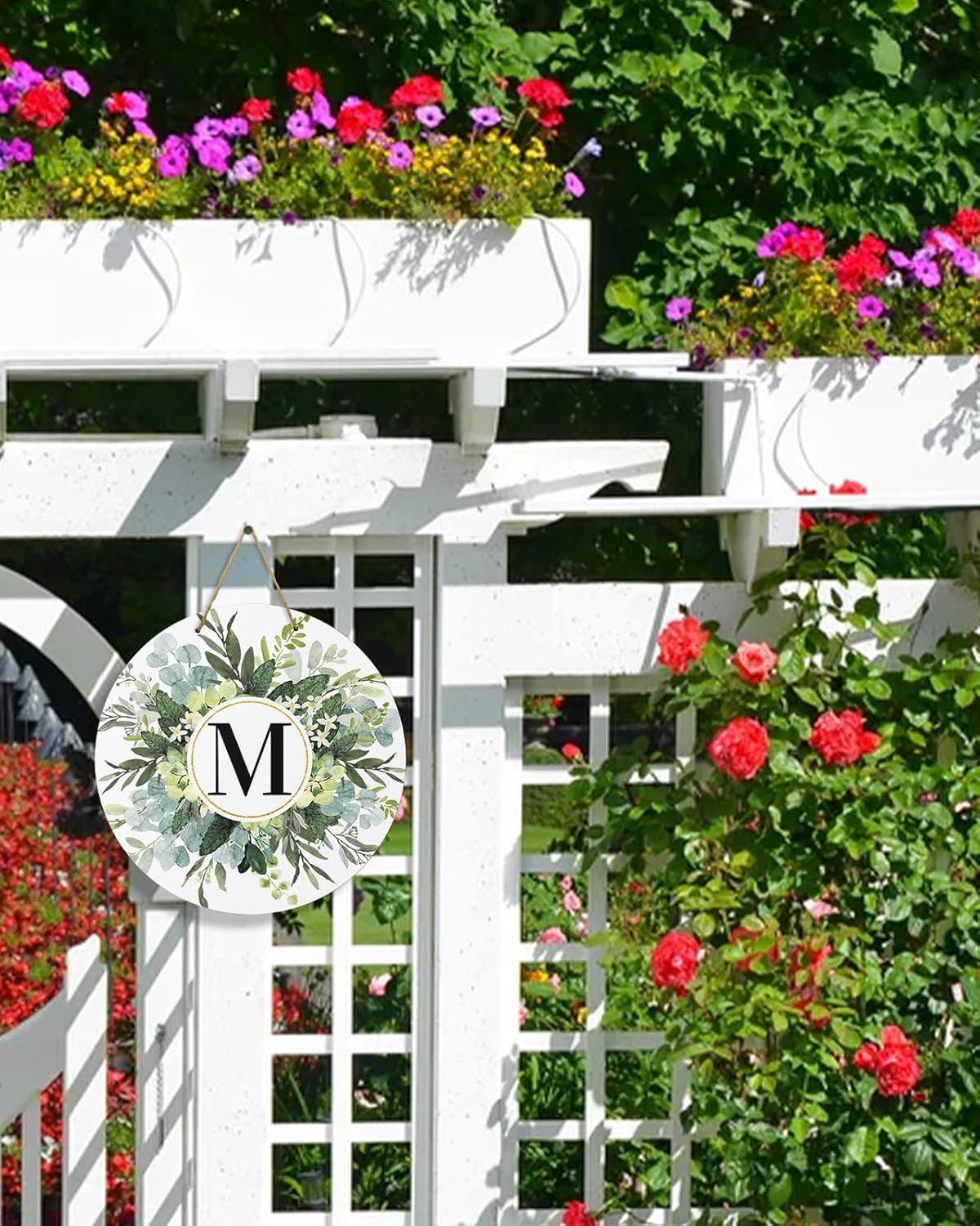 Letrero de bienvenida para decoración de puerta delantera, frontones de pared, monograma, letra M, acuarela, eucalipto, primavera, verano, rural, de