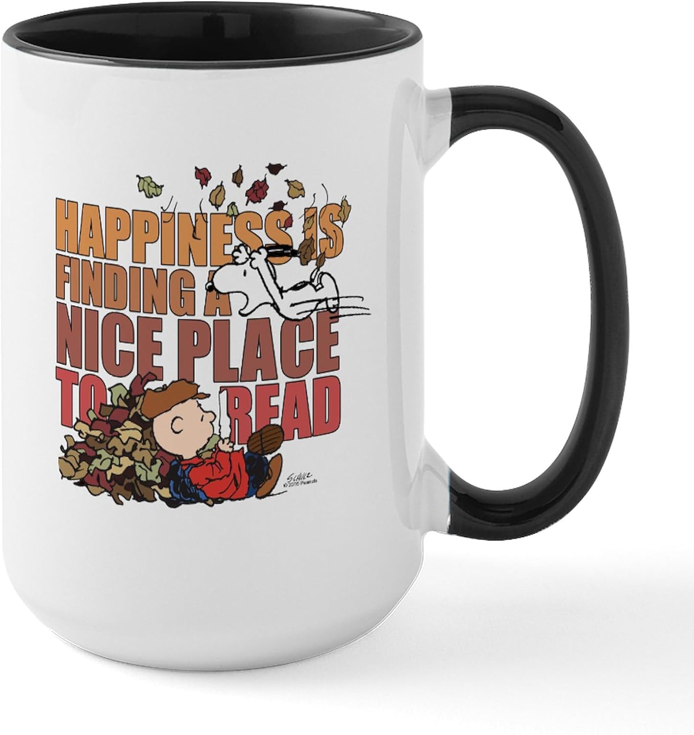 CafePress Peanuts Fall Reading – Taza grande de cerámica (15.0 fl oz)