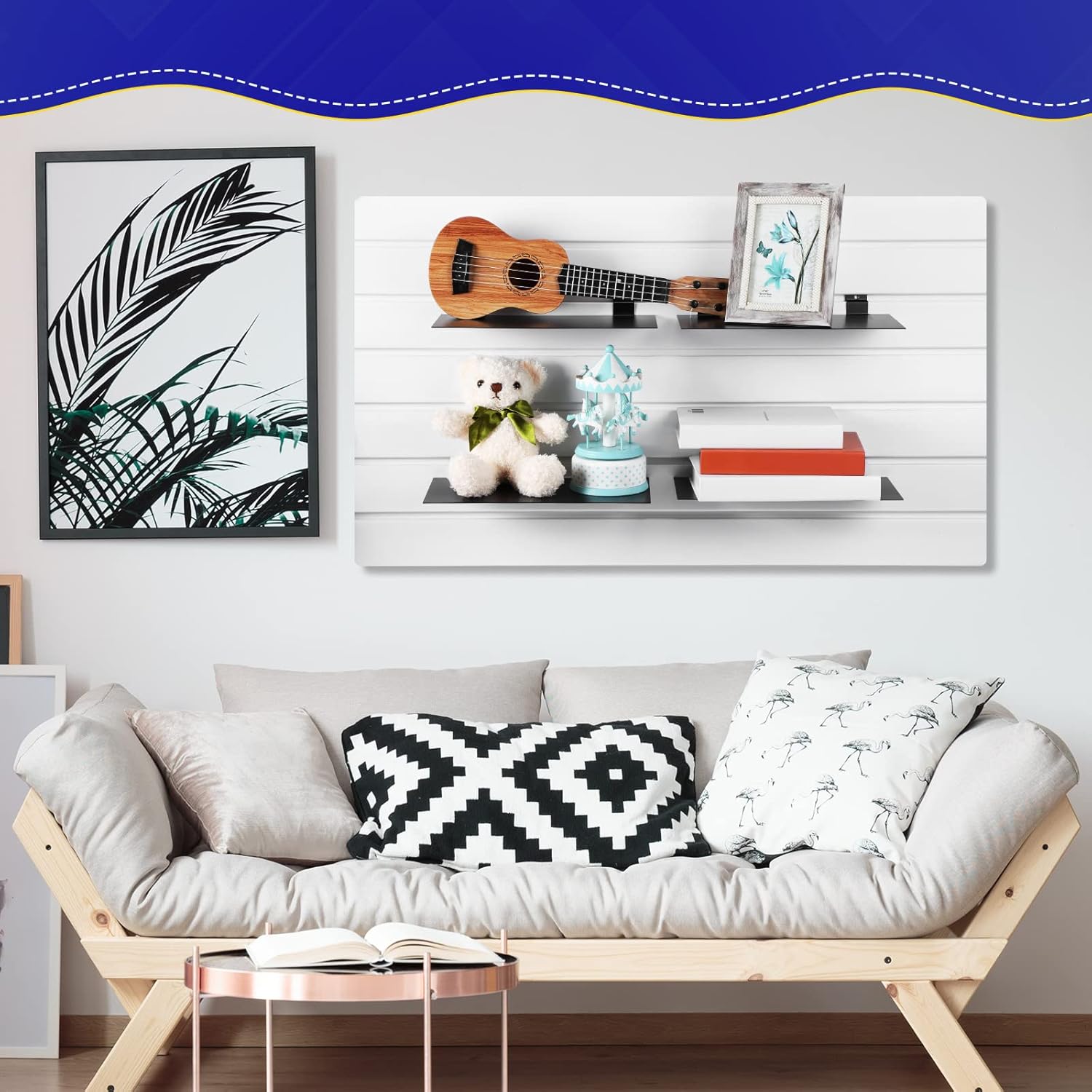 LEIFIDE Estantes de metal de 12 x 6 pulgadas, estantes de exhibición planos para colgar en pared de listones, dormitorio, oficina, hogar, sala de