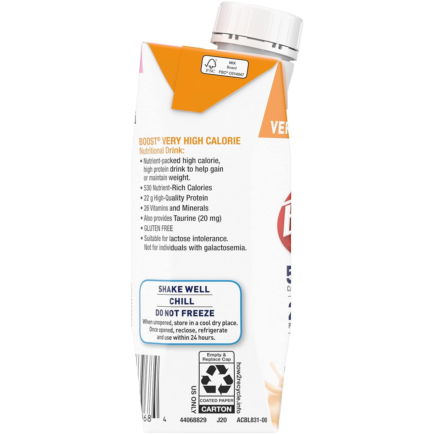 Boost Bebida nutricional muy alta en calorías, sin colorantes artificiales ni edulcorantes (fresa, 8 onzas líquidas (paquete de 54))