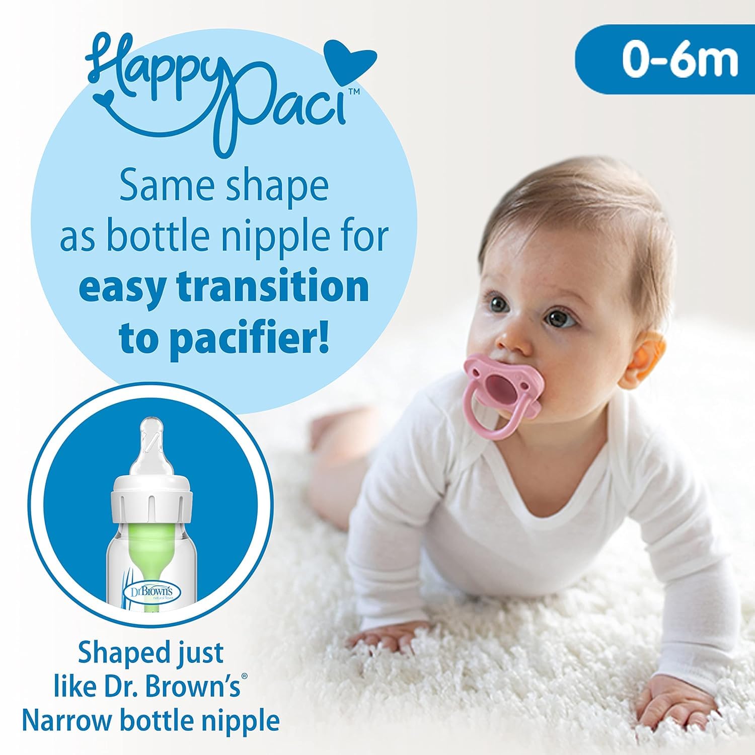 Dr. Brown’s HappyPaci – Chupete de bebé 100% de silicona, diseño contorneado de una pieza, rosa, blanco, rosa claro, 0.0-19.7 ft, sin BPA, paquete