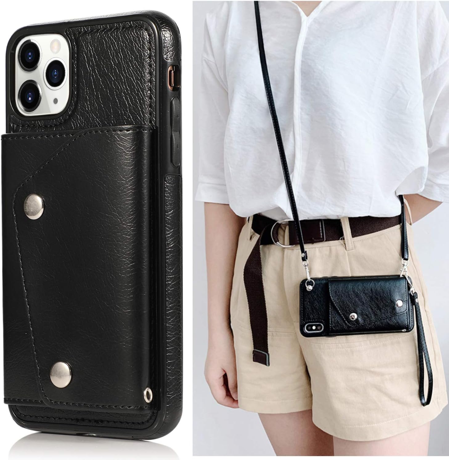 LUVI Funda para iPhone 11 Pro Max con correa para el cuello, correa cruzada, correa de muñeca, funda protectora con ranura para tarjeta de crédito,