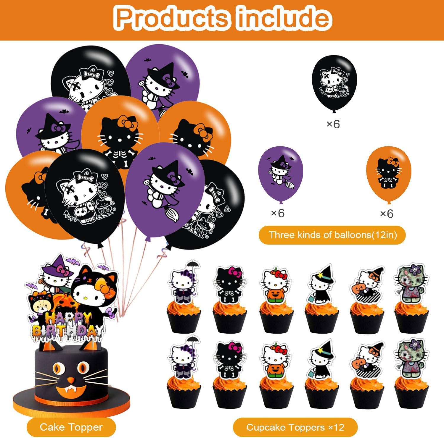 Decoración de fiesta de Halloween, suministros de cumpleaños para Skelebones de Halloween, incluye pancarta, decoración de tarta, 12 adornos para