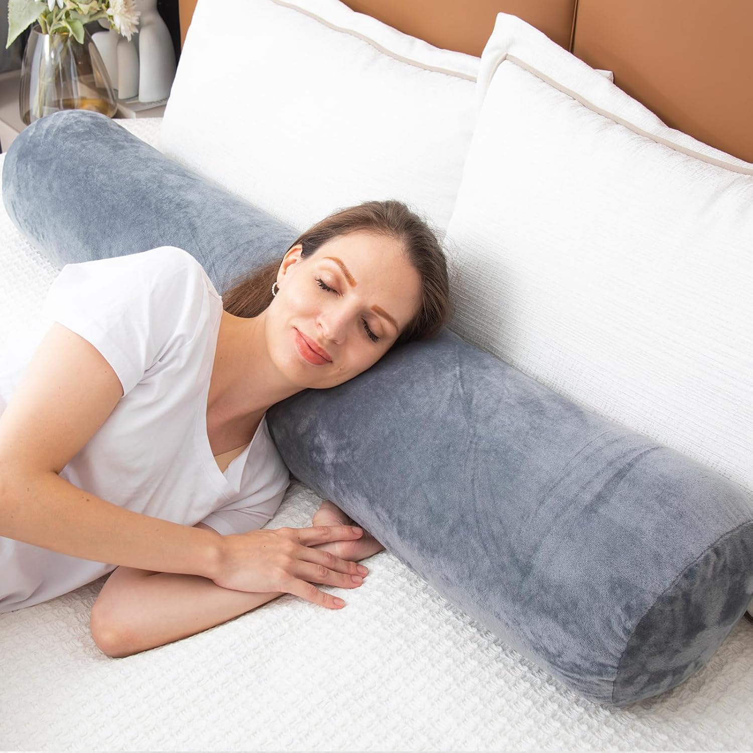 Almohada corporal redonda de espuma viscoelástica para adultos, almohada firme y larga para cama, almohada cilíndrica con funda de terciopelo, 47 x