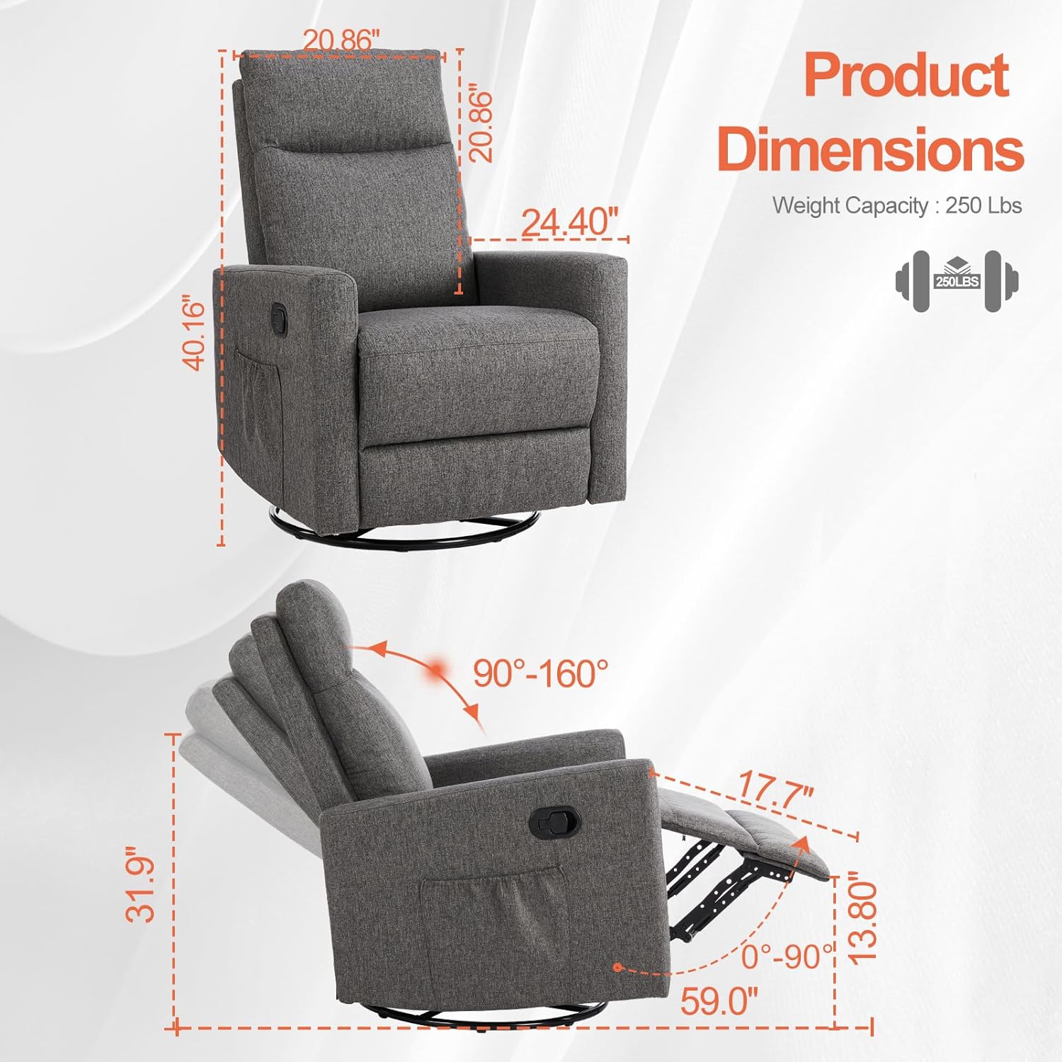 Mecedora giratoria reclinable, mecedora manual mecedora para guardería, sofá reclinable tapizado de lino con respaldo alto, asiento profundo y