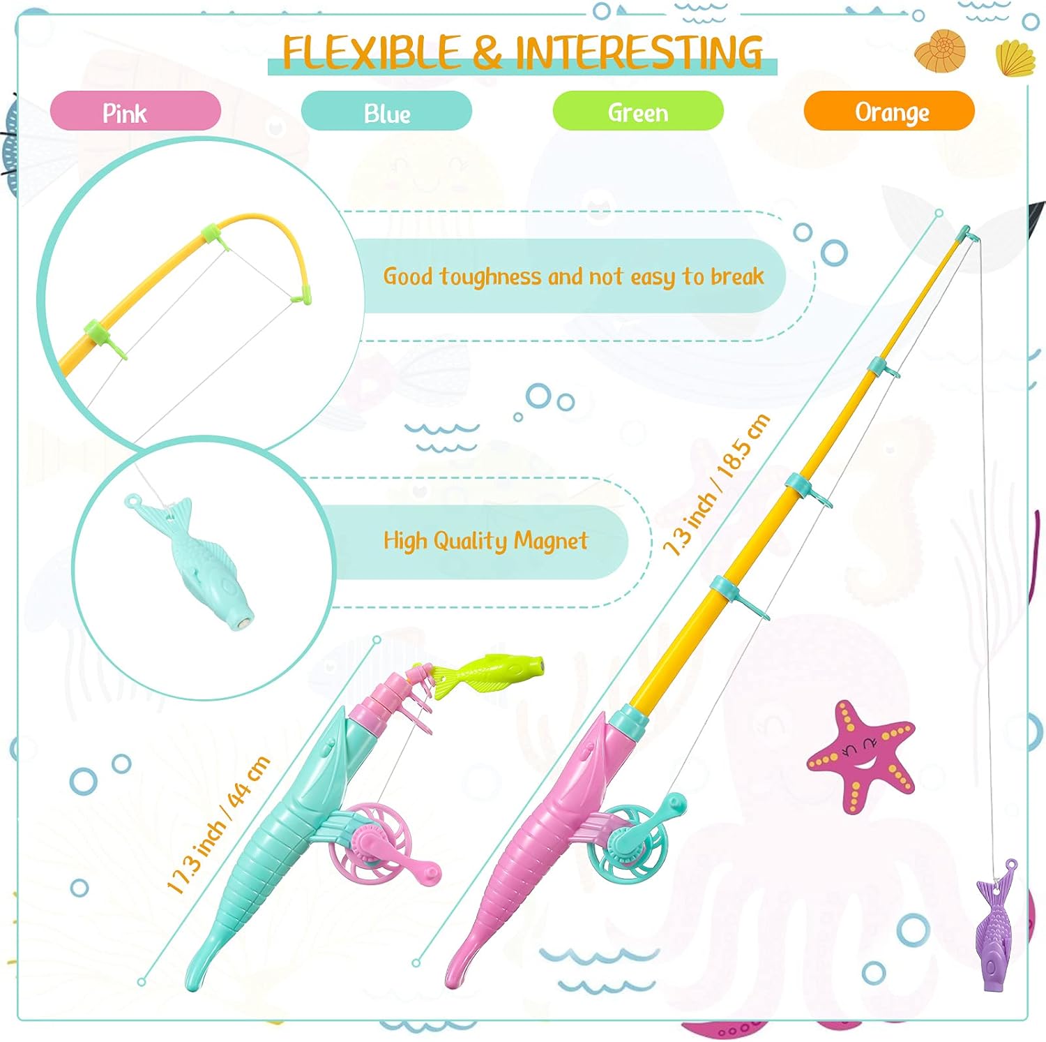 4 piezas de juego de pesca magnético, juguete flotante magnético de verano de 7.3 pulgadas, poste magnético para niños y niñas, juguete de baño de