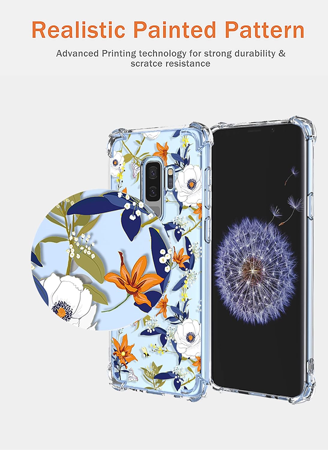 Funda para Galaxy S9 Plus Samsung S9 Plus transparente con patrón de flores de poliuretano termoplástico suave, a prueba de golpes, antiarañazos,