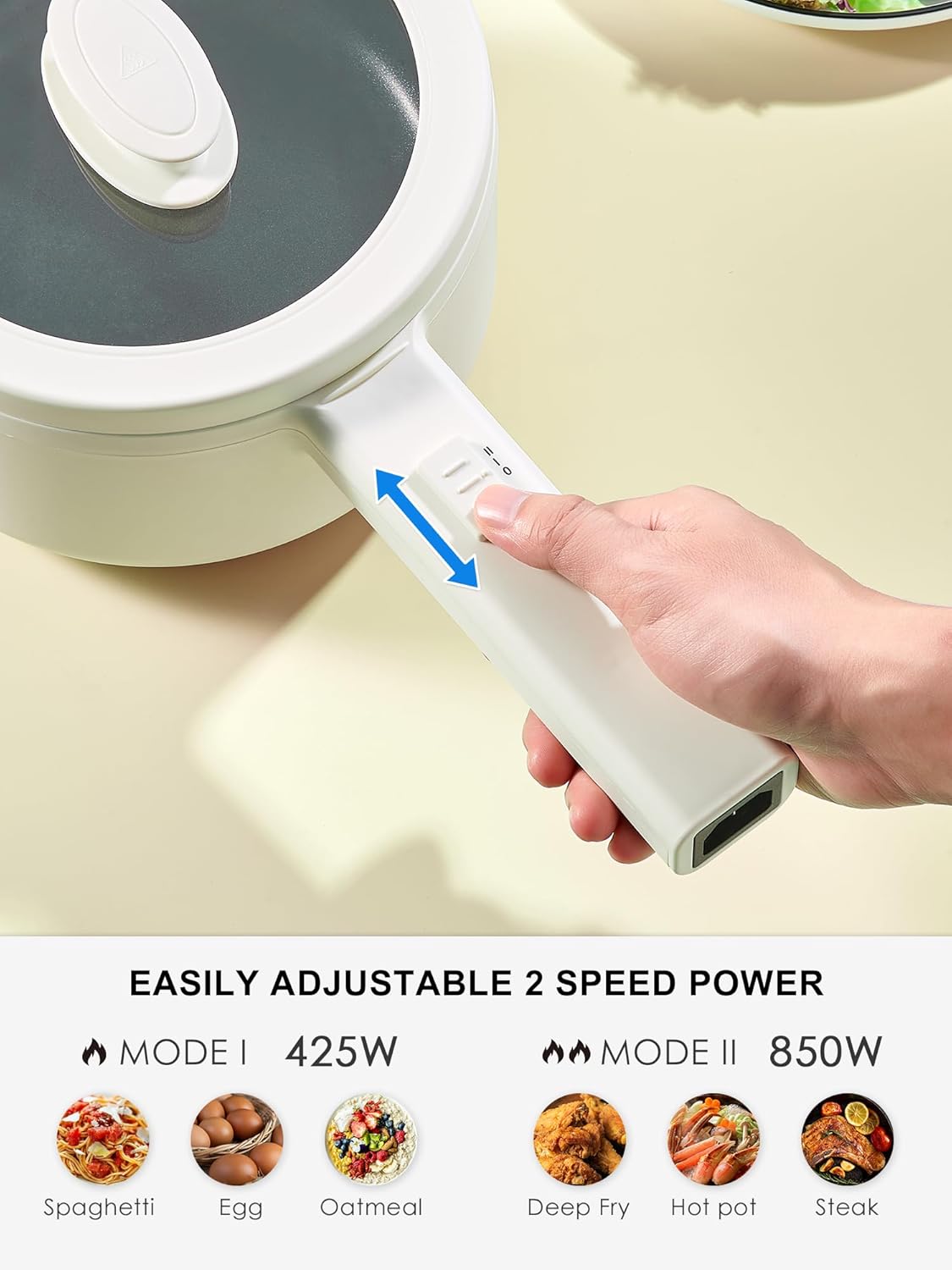 Yabano Olla eléctrica, olla eléctrica antiadherente de 850 W con vaporizador, olla de fideos de 1.6 litros con control de potencia doble, olla