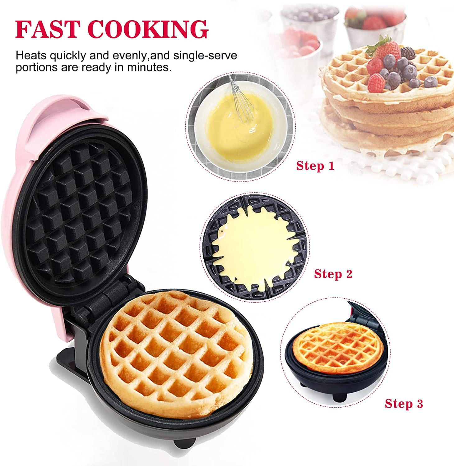 Mini Maker Waffle Maker 5″ Oblea antiadherente de hierro relleno Wafflera rellena control de dorado ajustable, corazón, azul