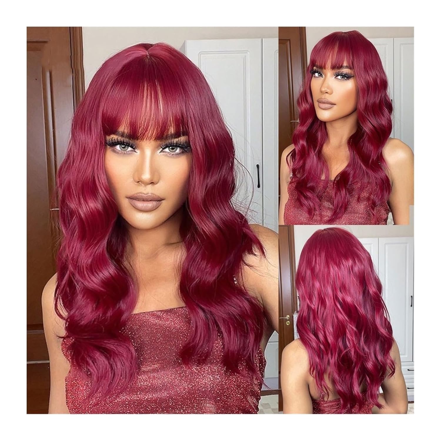 Pelucas sintéticas largas y rizadas de color rojo vino burdeos con flequillo, peluca ondulada de longitud media para mujer, afro natural, resistente