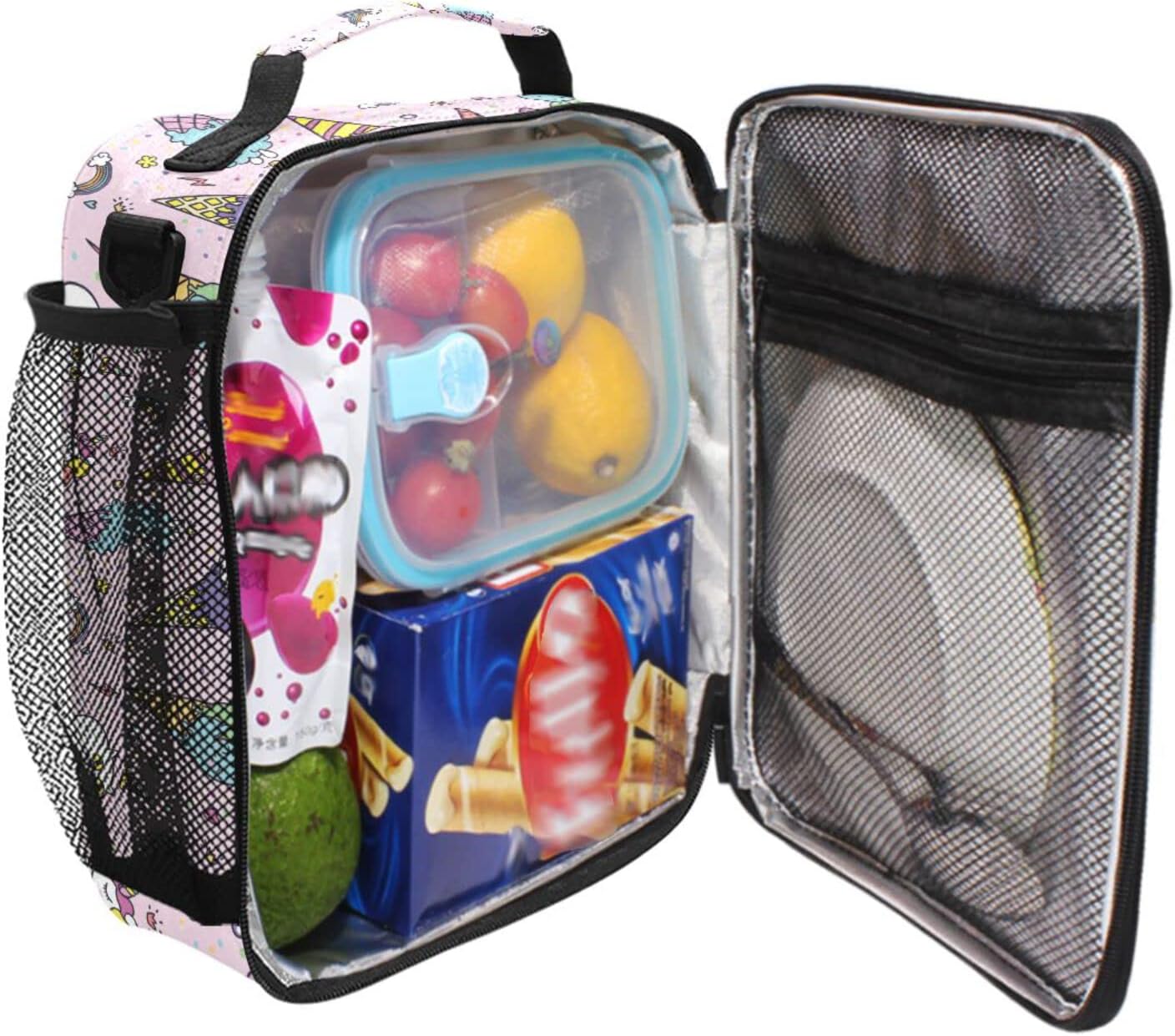 Linda bolsa de almuerzo con diseño de cono de unicornio y lunares rosados para niñas y niños, lonchera pequeña con aislamiento térmico para niños