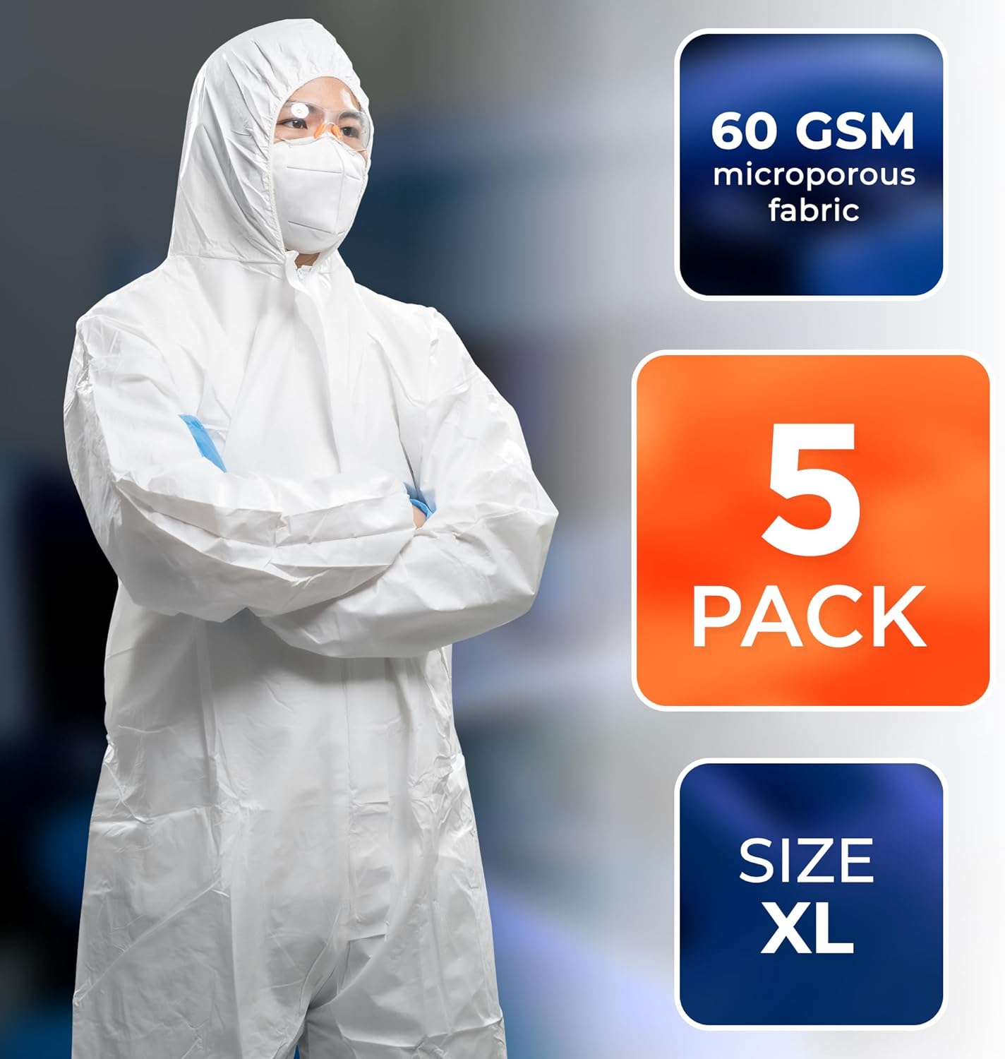 EZGOODZ Trajes blancos para materiales peligrosos, extra grande. Paquete de 5 overoles desechables MPP impermeables con capucha, botas, muñecas