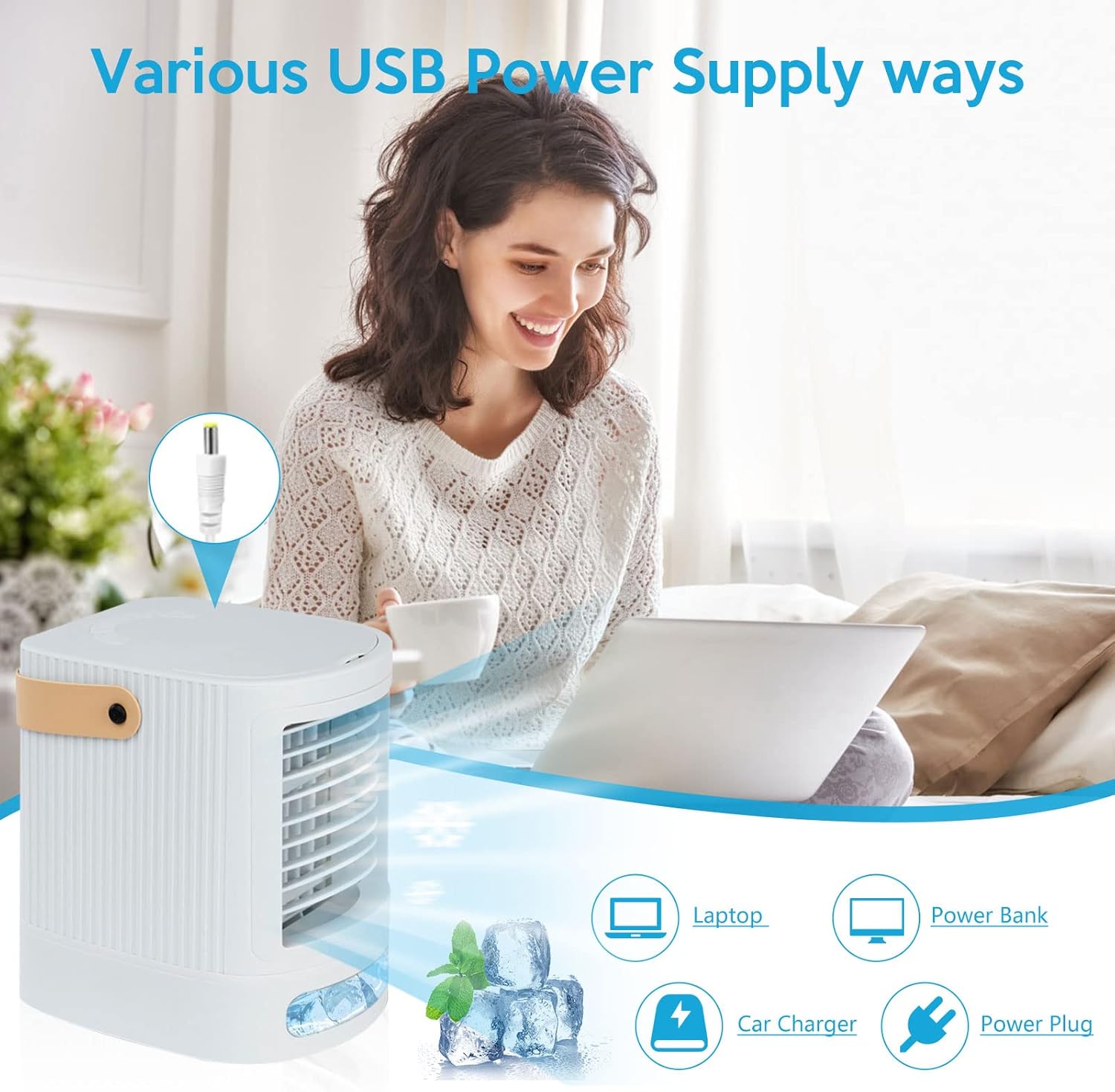 Mini aire acondicionado portátil, enfriador de aire evaporativo 3 en 1 – Fancole pequeño aire acondicionado con 3 niveles de humidificación, luz