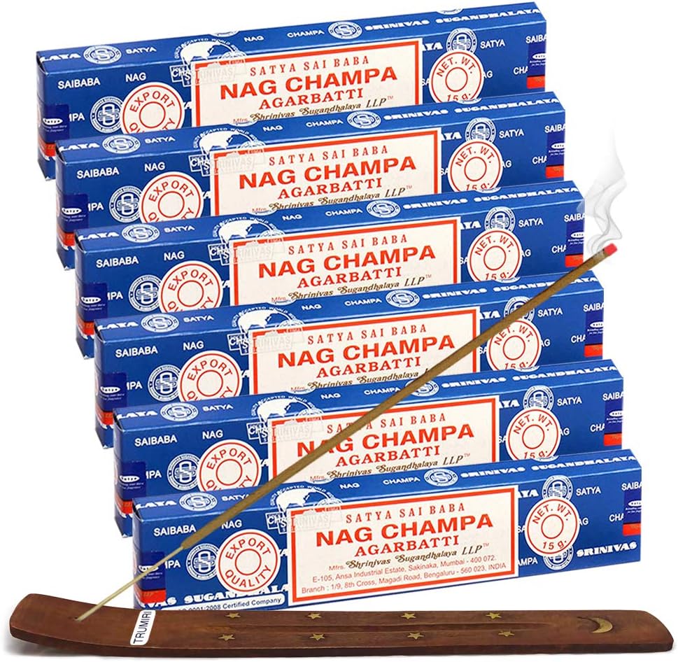 TRUMIRI Paquete de soportes para incienso con varillas de incienso Satya Sai Baba Nagchampa de 0.53 oz  Paquete de 6 (aproximadamente 90 varillas)