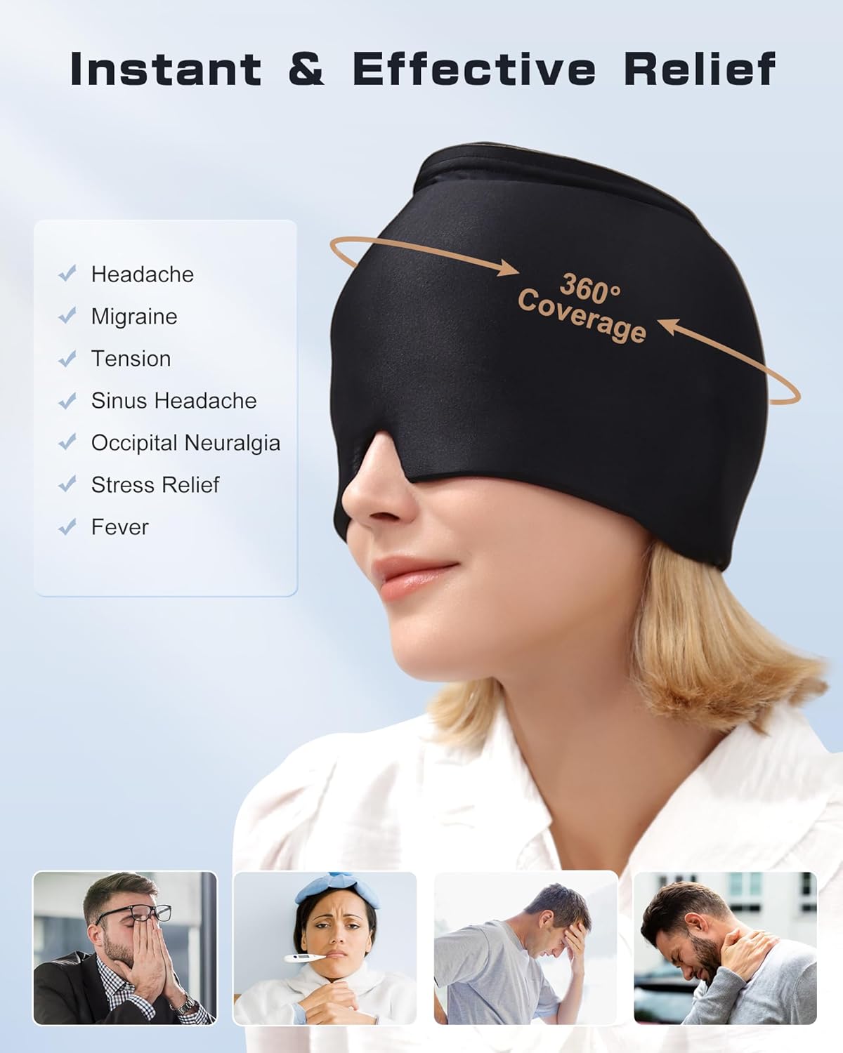 Gorra para aliviar el dolor de cabeza y migraña, para alivio de migrañas, para terapia de compresa fría y caliente, máscara de hielo frío para la