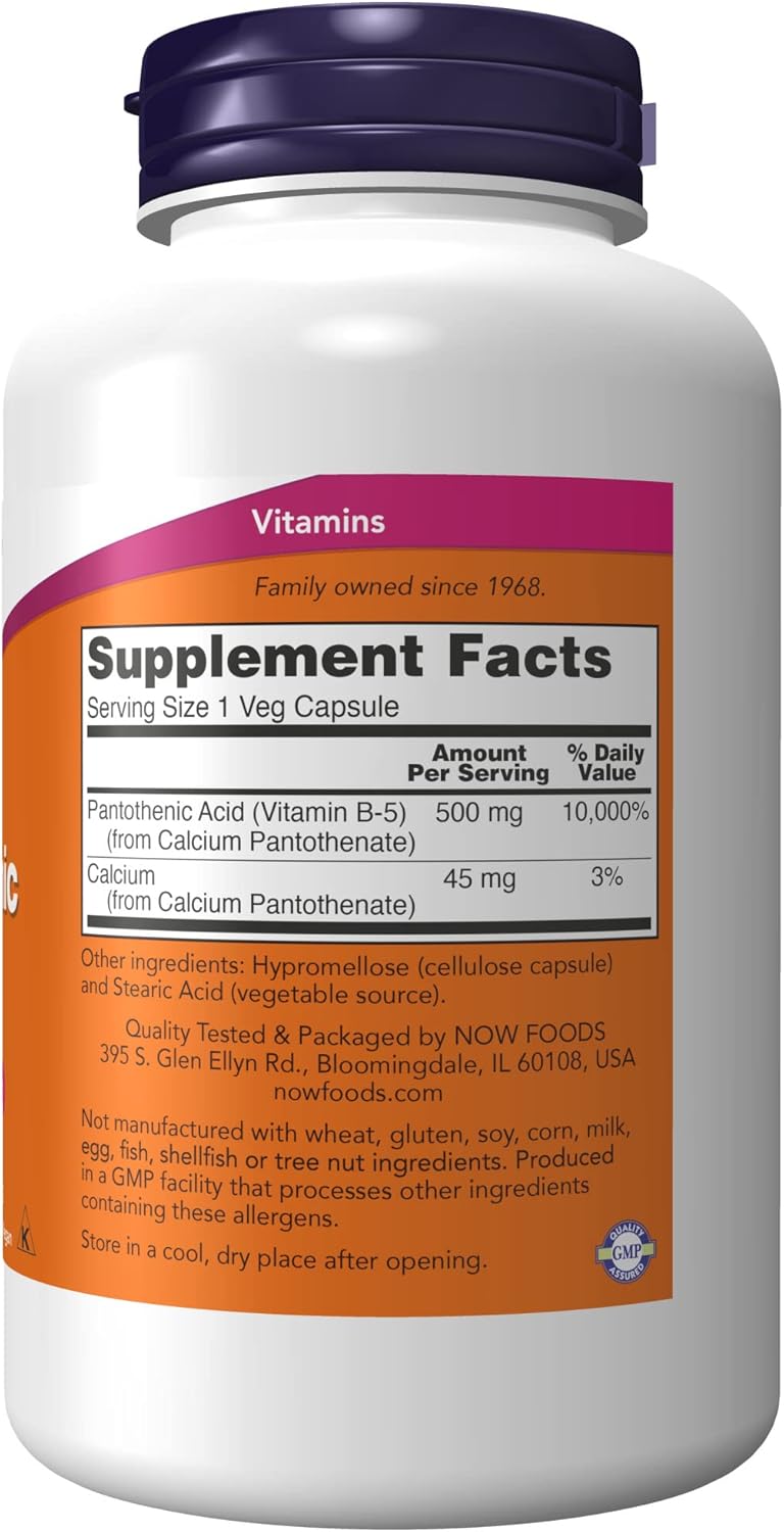 Now Supplements, ácido pantoténico (vitamina B-5) 500 mg, vitamina del complejo B, 250 cápsulas (paquete de 2)