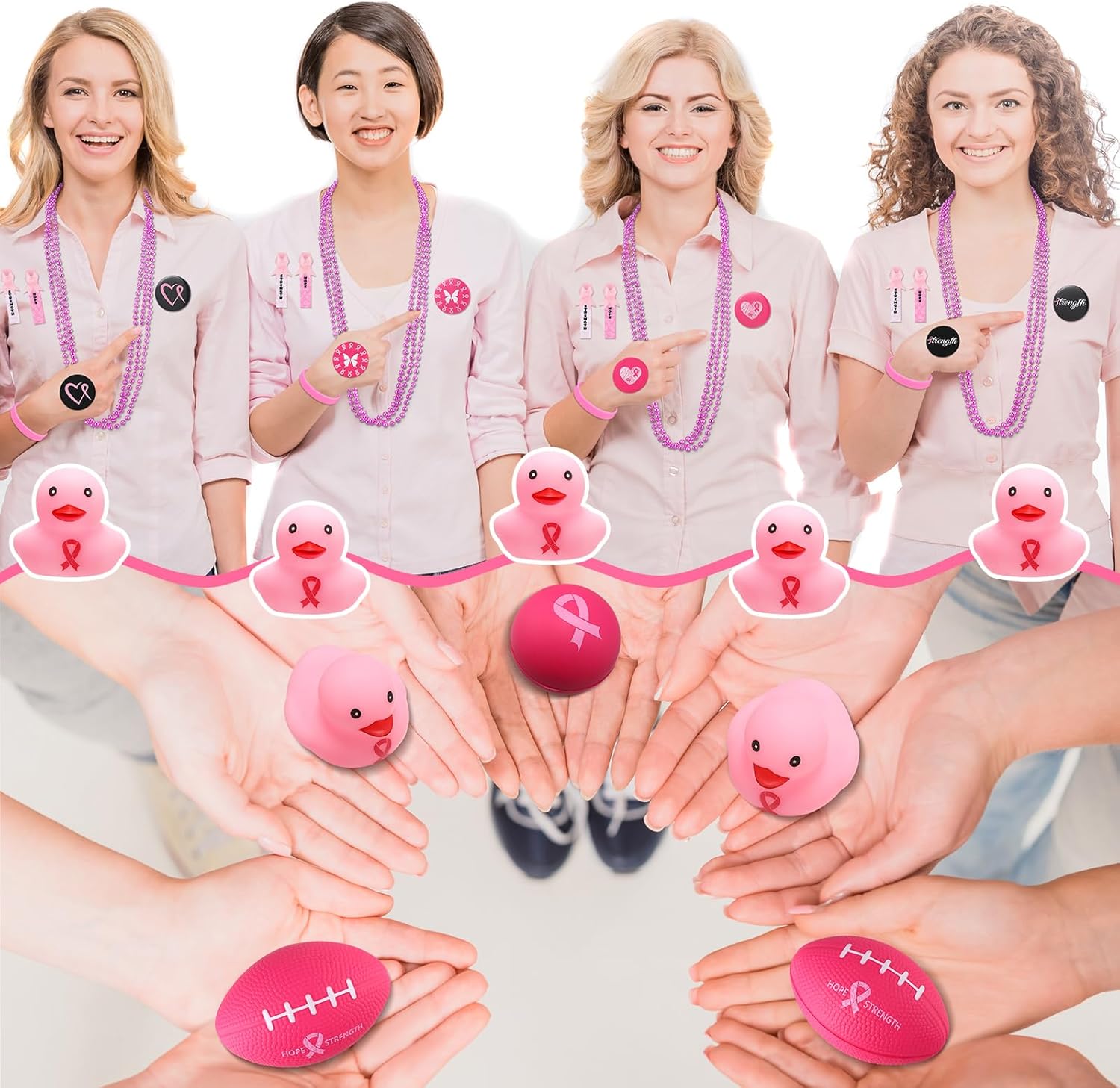 161 piezas de accesorios de concientización sobre el cáncer de mama, incluye cinta rosa, patos de goma, pulsera de silicona, pulsera de goma,