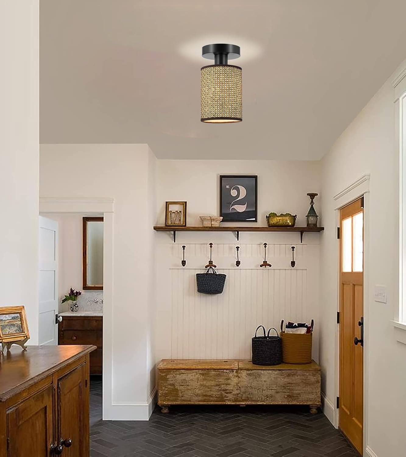 Lámparas bohemias para montaje en techo, candelabro de ratán de granja, pantalla de jaula tejida a mano, luces de techo semiempotradas para