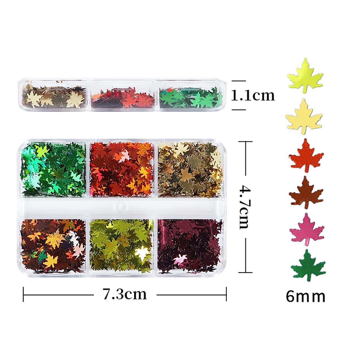 6 rejillas para arte de uñas de otoño, hojas de arce 3D, lentejuelas con purpurina, calcomanías holográficas láser dorado, rojo y verde, hojas con