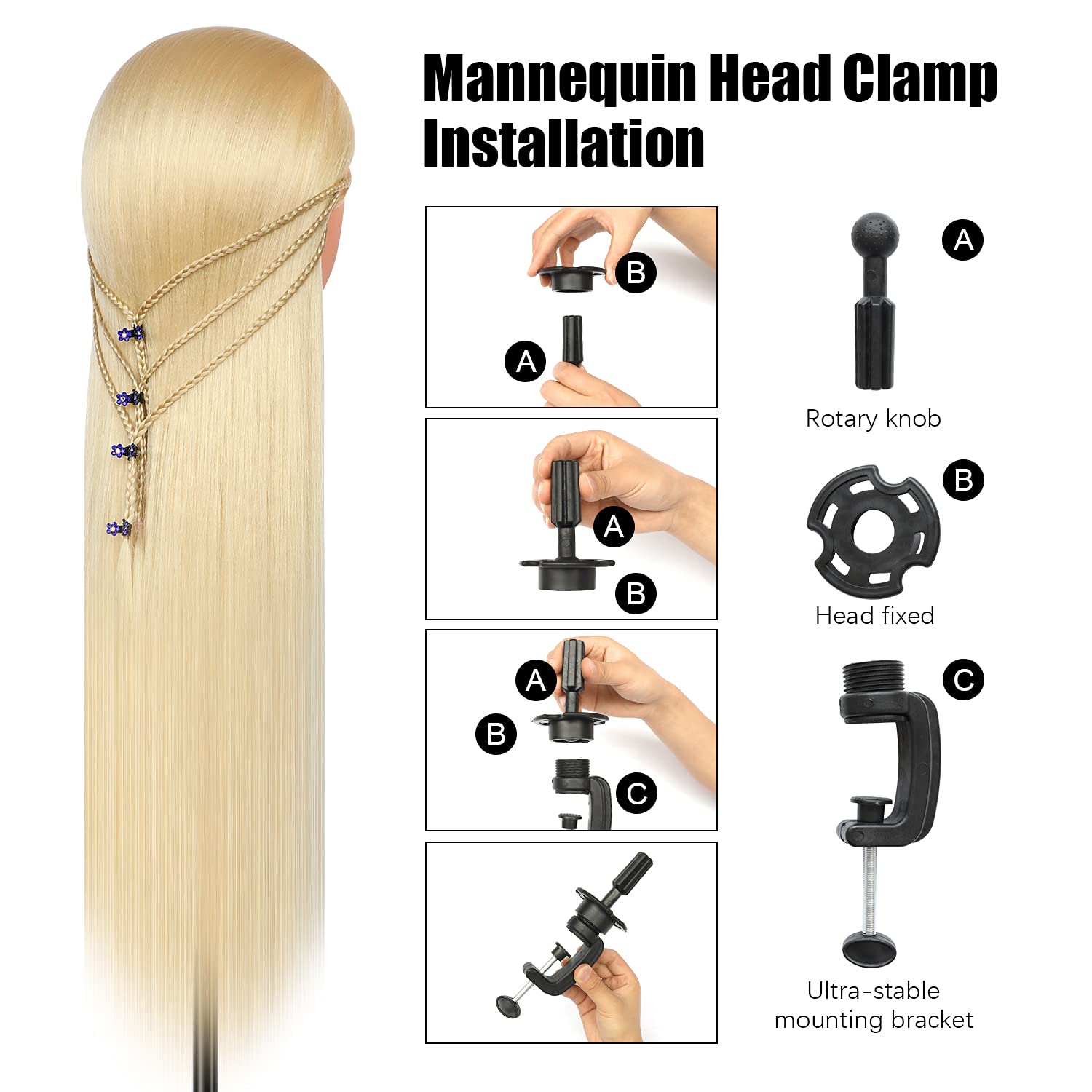 Cabeza de entrenamiento de 28 pulgadas, cabeza de peluquería 100% fibra sintética, cabeza de entrenamiento de peluquería con abrazadera gratuita y