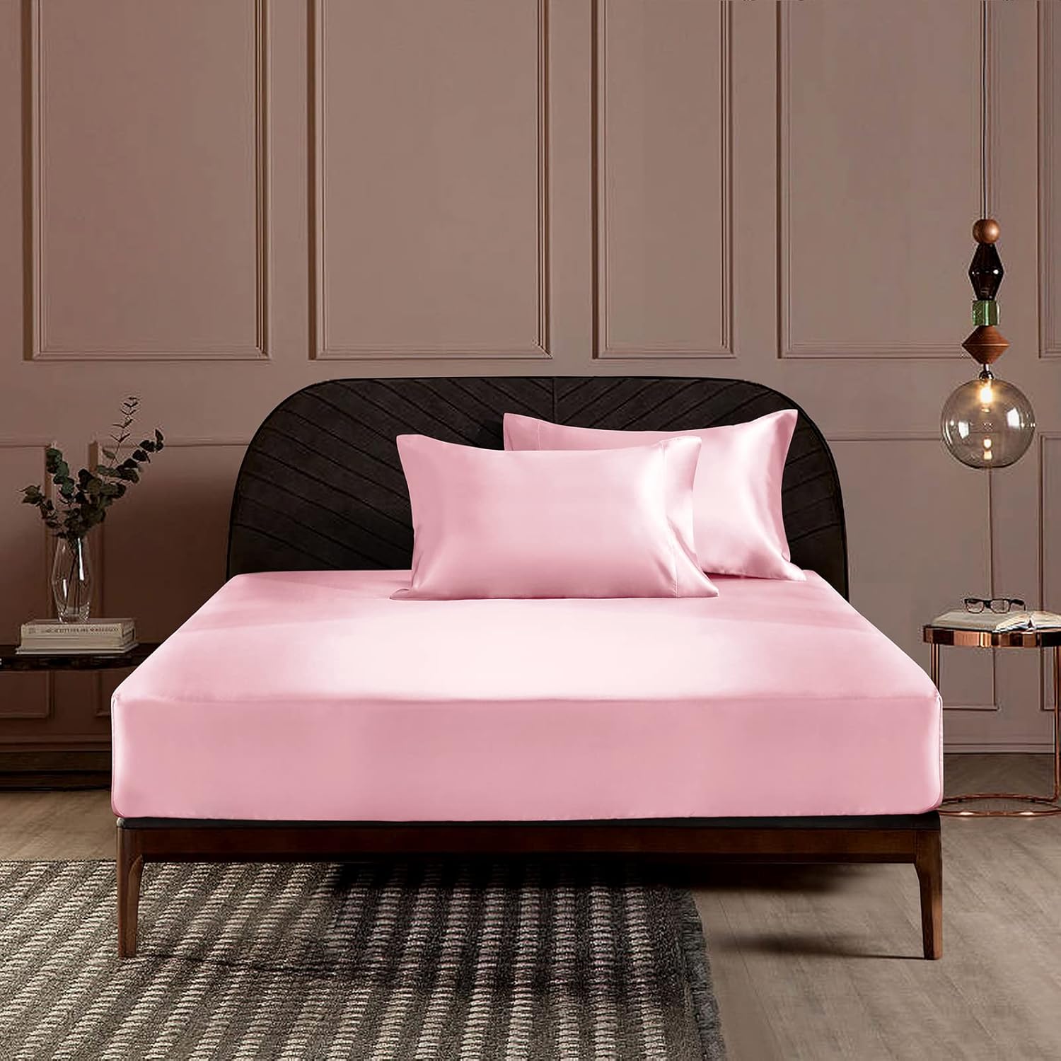 CozyLux Sábanas de satén tamaño King  Juego de sábanas de 4 piezas color rosa con microfibra sedosa, 1 sábana bajera de bolsillo profundo, 1 sábana