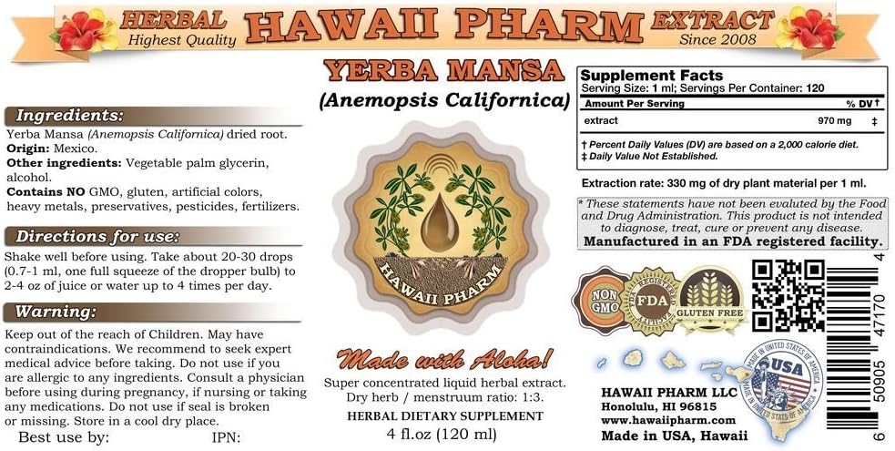 HawaiiPharm Extracto líquido de yerba mansa, tintura de yerba mansa (Anemopsis Californica), suplemento herbario, fabricado en EE. UU., 4 onzas