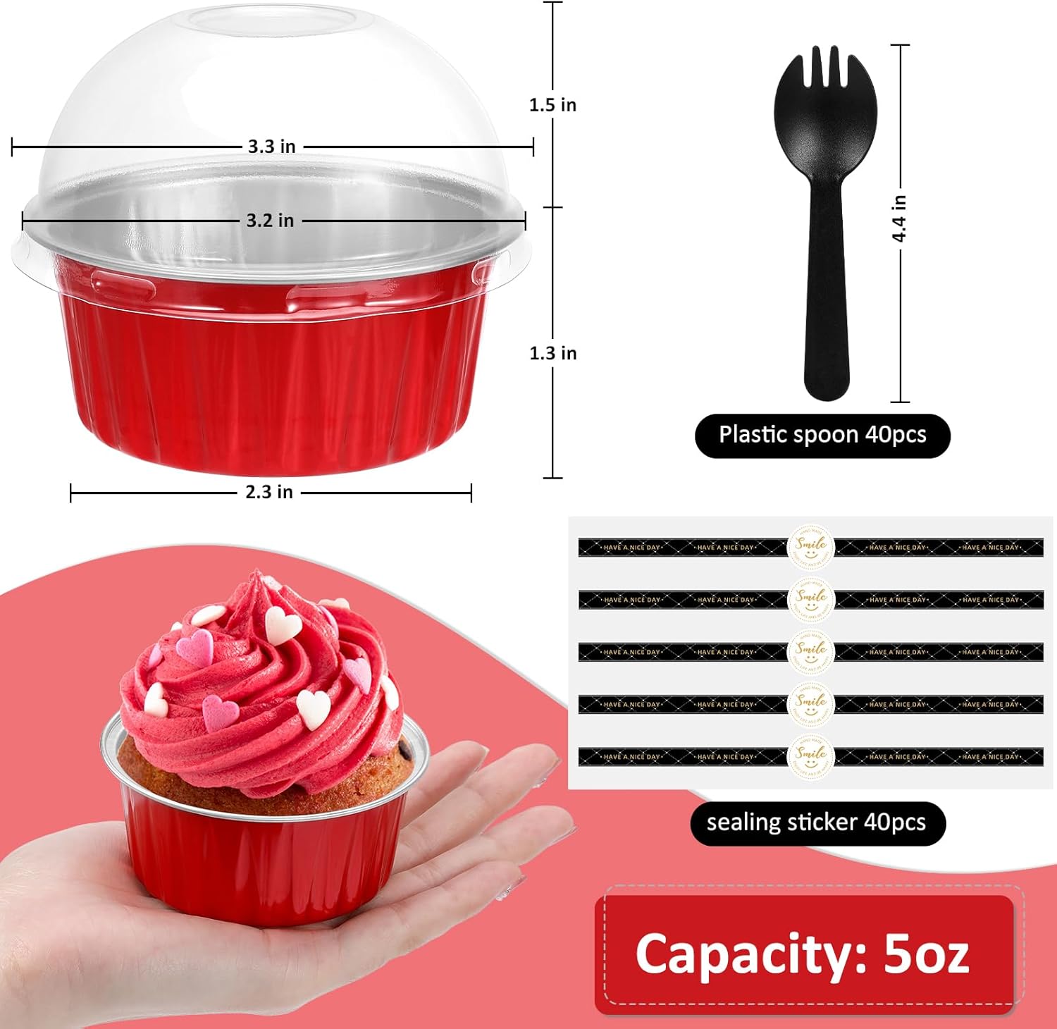 Moldes desechables con tapas y cucharas (paquete de 40, colores mezclados, 5 onzas), forros redondos para cupcakes con tapas, mini latas