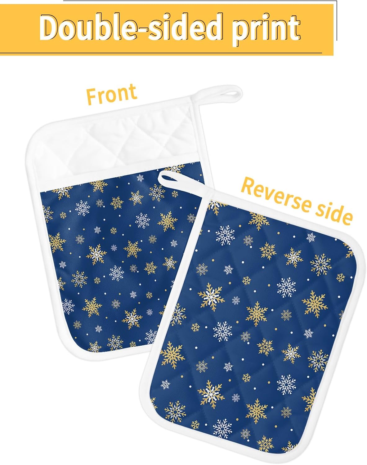 Juego de 4 agarraderas de tela de toalla con diseño de copo de nieve de color dorado marino para cocina, antideslizantes y aislantes de calor, con