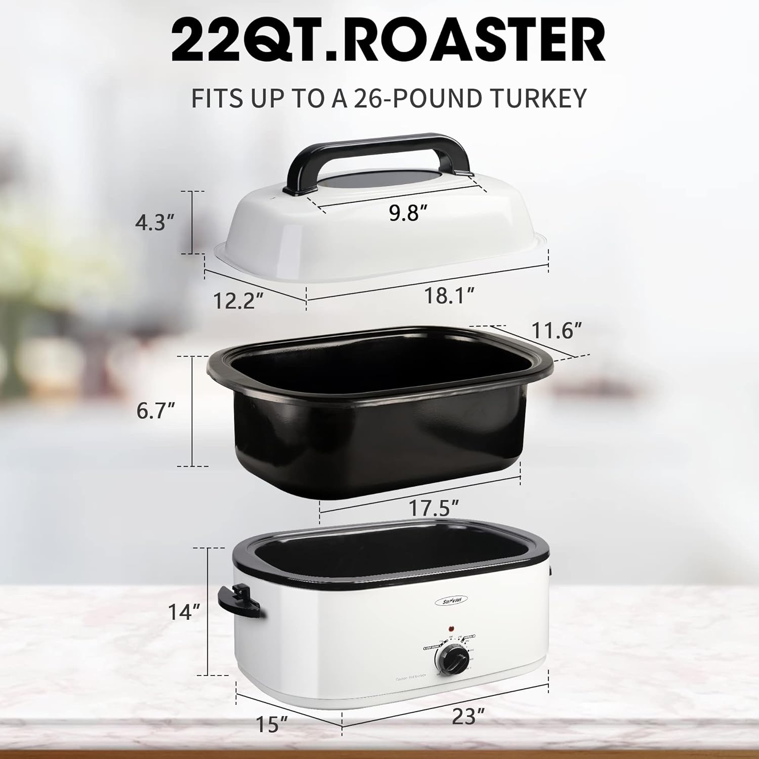 Sunvivi – Horno asador eléctrico de 22 cuartos de galón con tapa de vidrio visible, tostador eléctrico con bandeja y estante extraíbles, control de