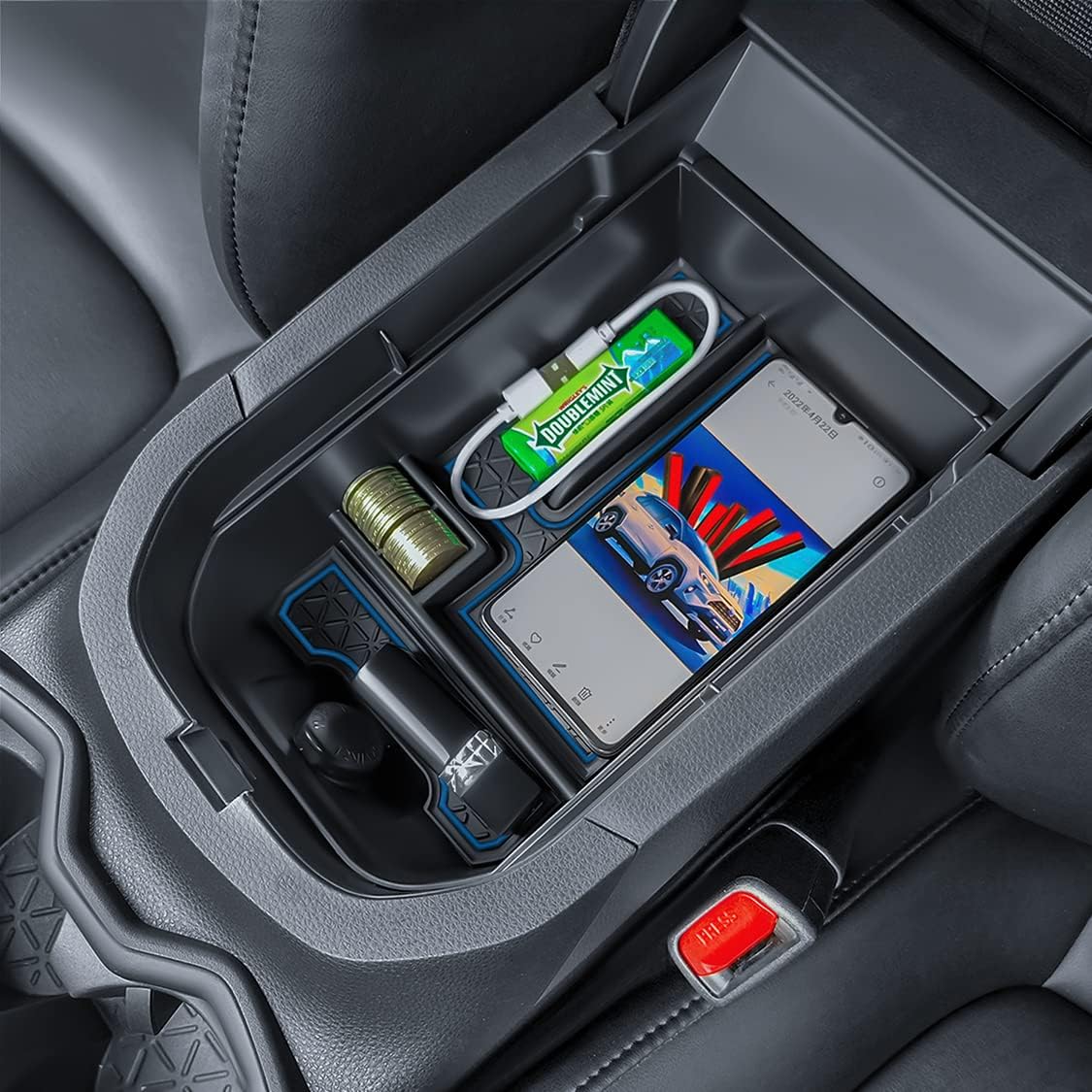 Bandeja organizadora de consola central compatible con Toyota RAV4 2023 2022 2021 2020 2019, accesorios para reposabrazos (borde azul)