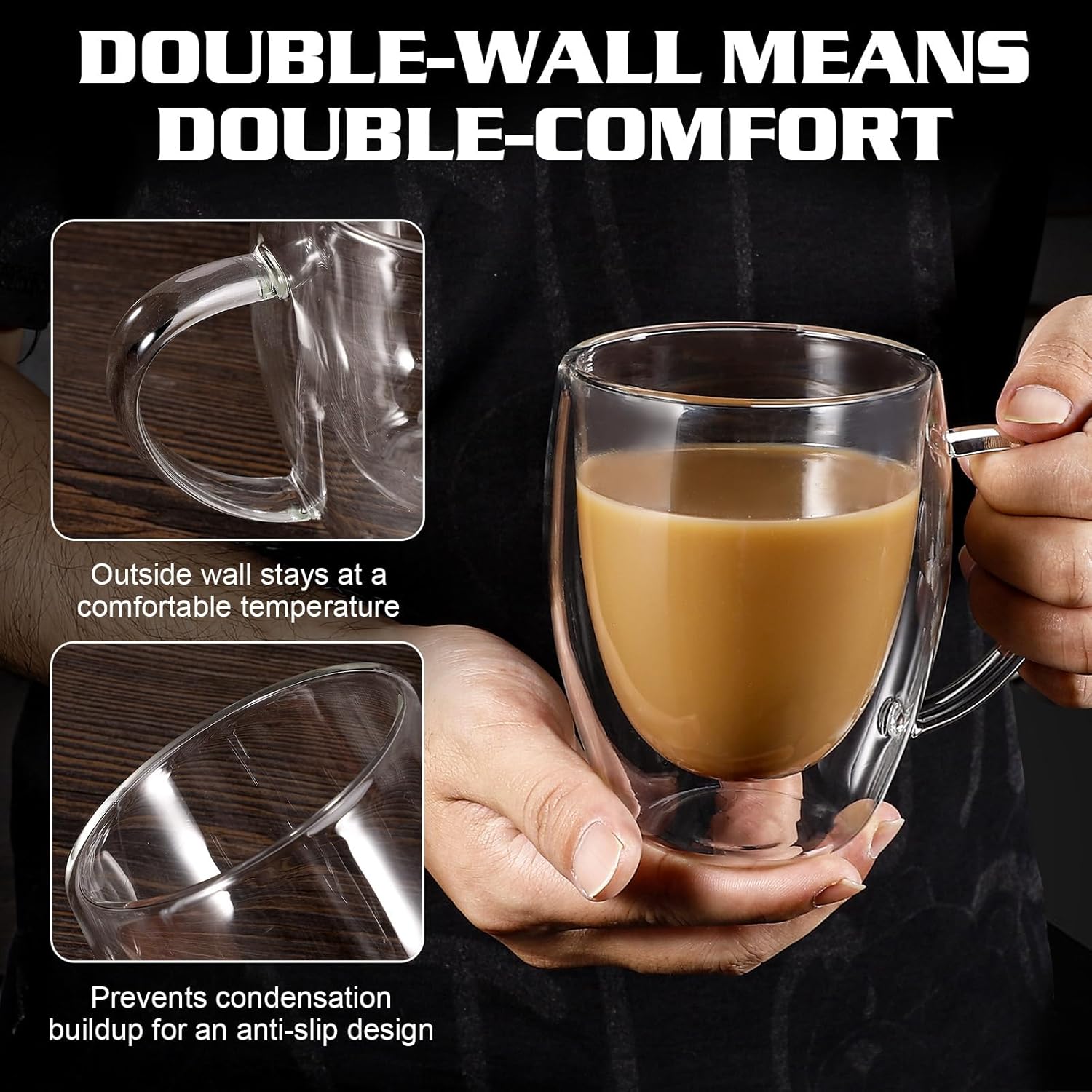 Juego de 2 tazas de café redondas con aislamiento de doble pared de vidrio transparente, tamaño mediano, 12 onzas, la mejor taza de café
