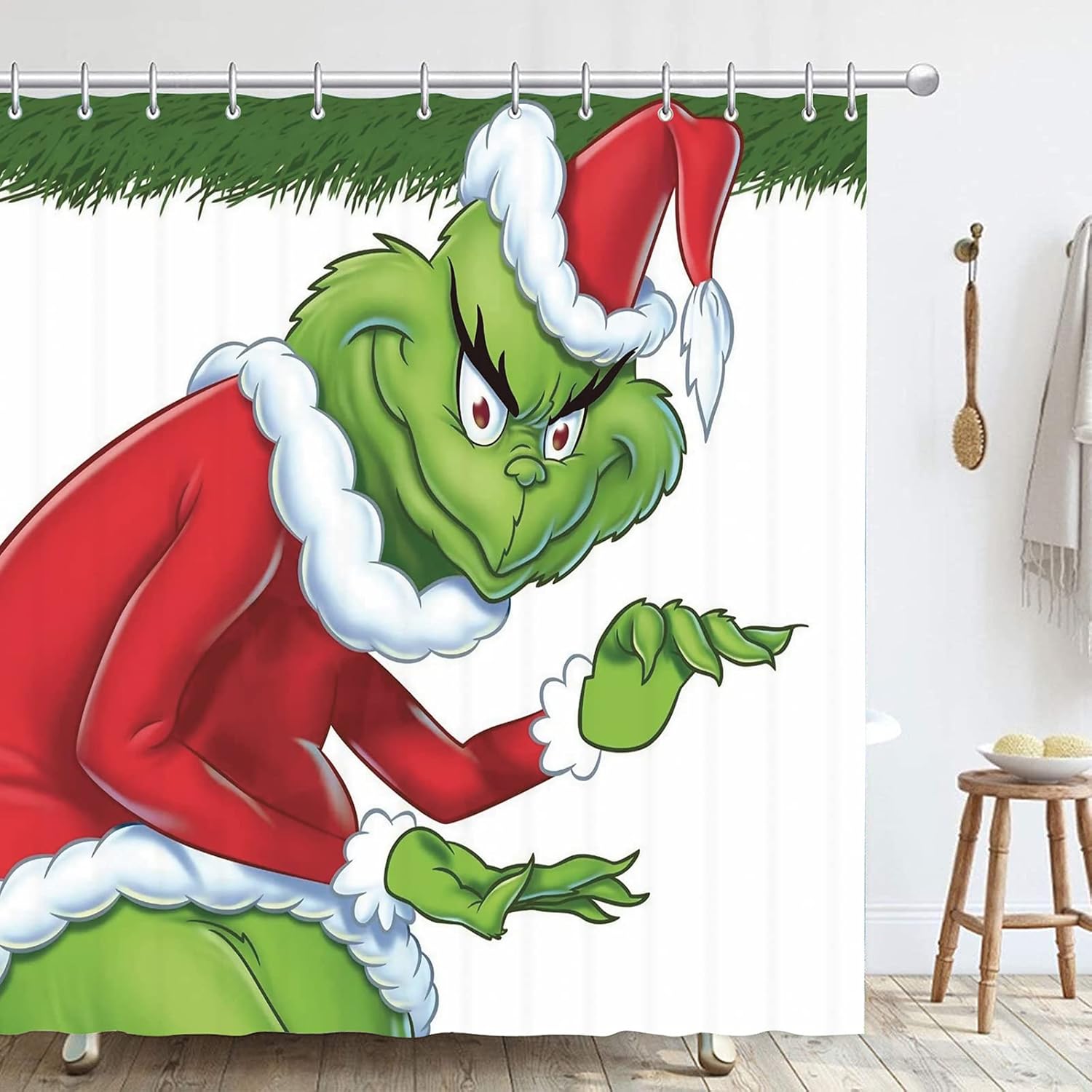AISky Cortina de ducha de Navidad, tapete de baño, cubierta para tapa de inodoro para baño, juegos de 4 piezas con 12 ganchos, dobladillo de plomo