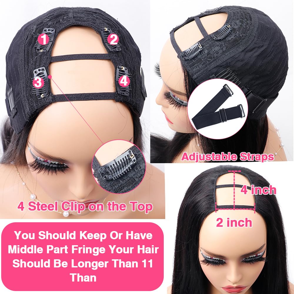 Sooolavely Pelucas de cabello humano con parte en U para mujeres negras, para principiantes, sin procesar, virgen, brasileño, sin pegamento,