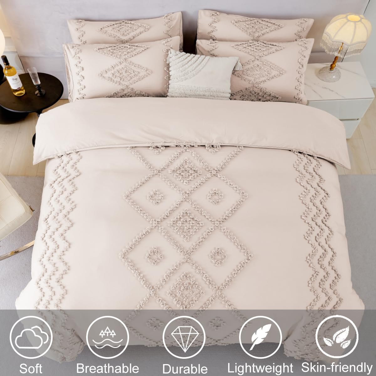 URBONUR Juego de funda de edredón beige tamaño Queen  Juego de ropa de cama bohemio copetudo, color beige, juego de funda de edredón suave y ligera