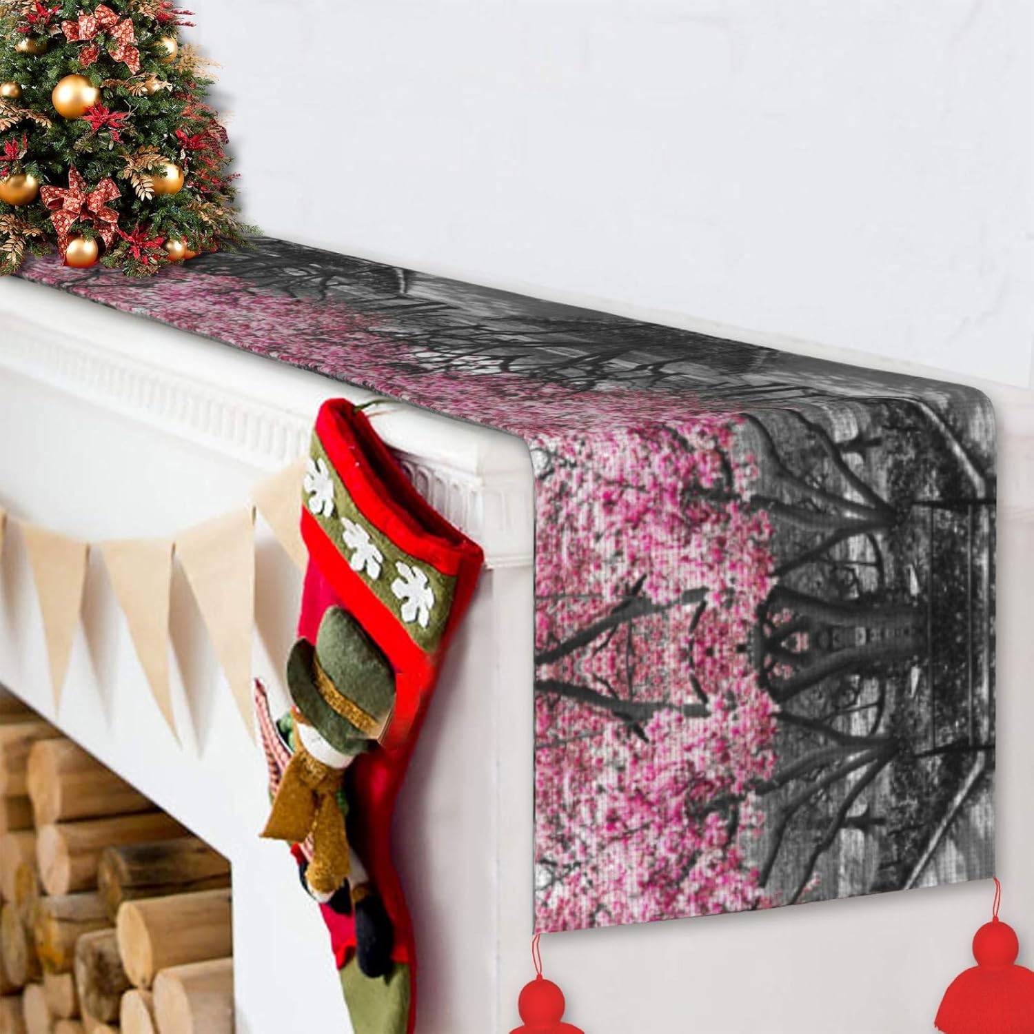 Camino de mesa de Navidad de bosque de cerezos, decoración de mesa de comedor, decoración de Navidad, decoración de interiores del hogar, caminos de