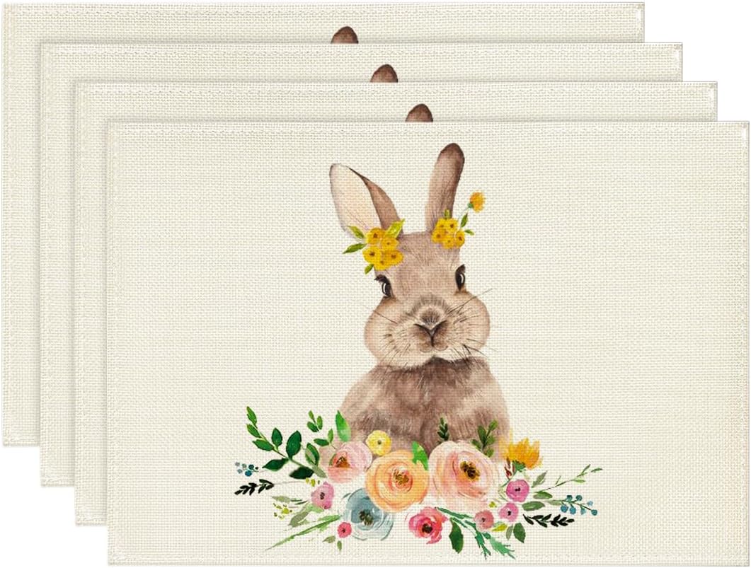 Artoid Mode Juego de 4 manteles individuales de Pascua con diseño de conejo y flores para mesa de comedor, 12 x 18 pulgadas, para primavera, verano,