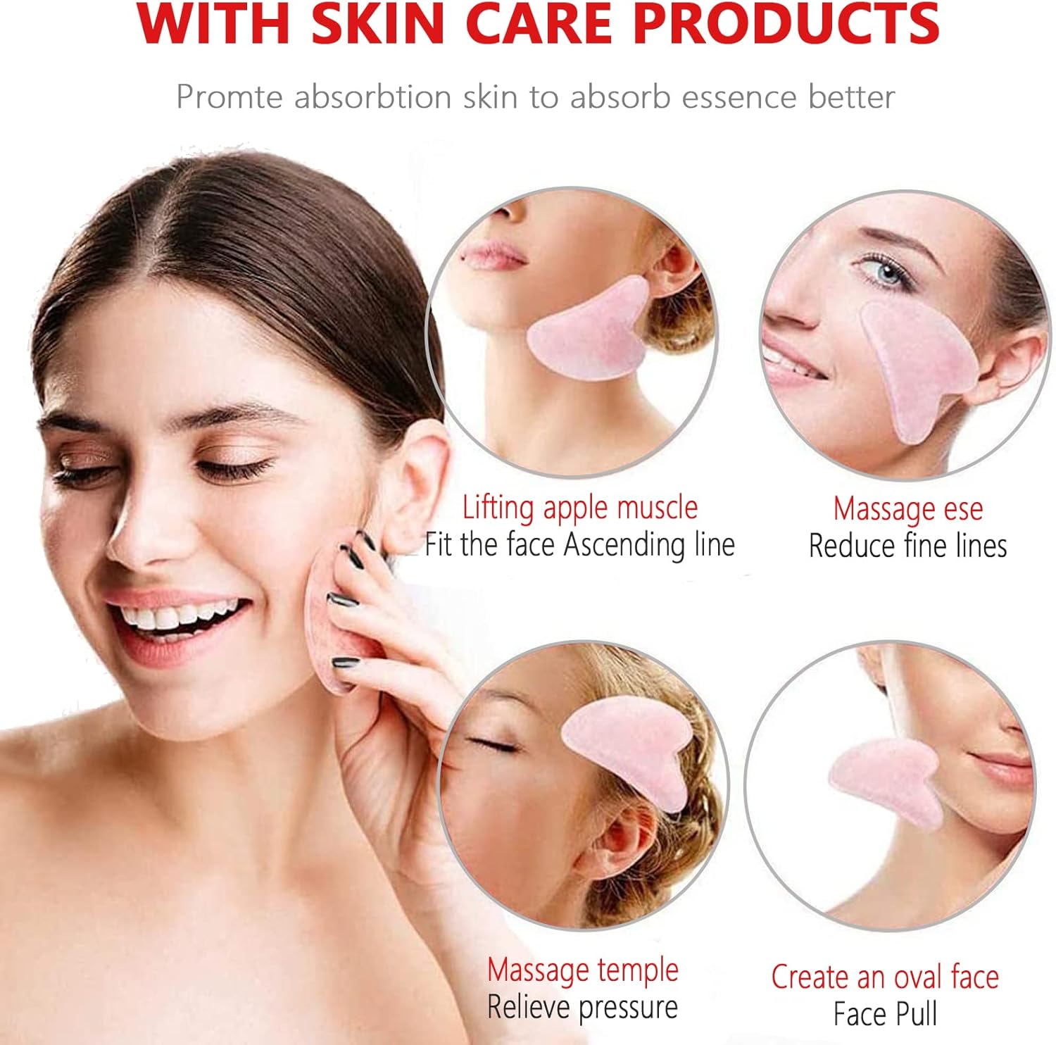 Gua Sha Stone, herramienta Guasha de cuarzo rosa para masaje facial y corporal de piel, herramienta diaria antienvejecimiento para la salud y el