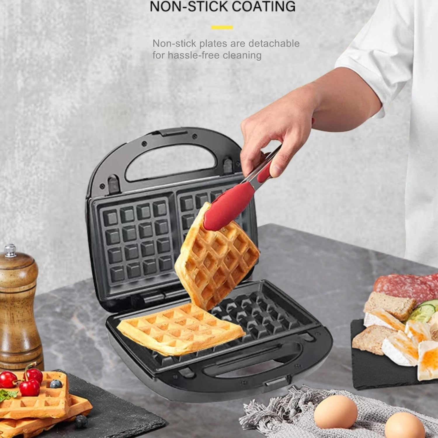 Máquina eléctrica de gofres tipo sándwich 3 en 1, tostadora de postre Panini con 3 platos antiadherentes extraíbles, juego de hierro intercambiable