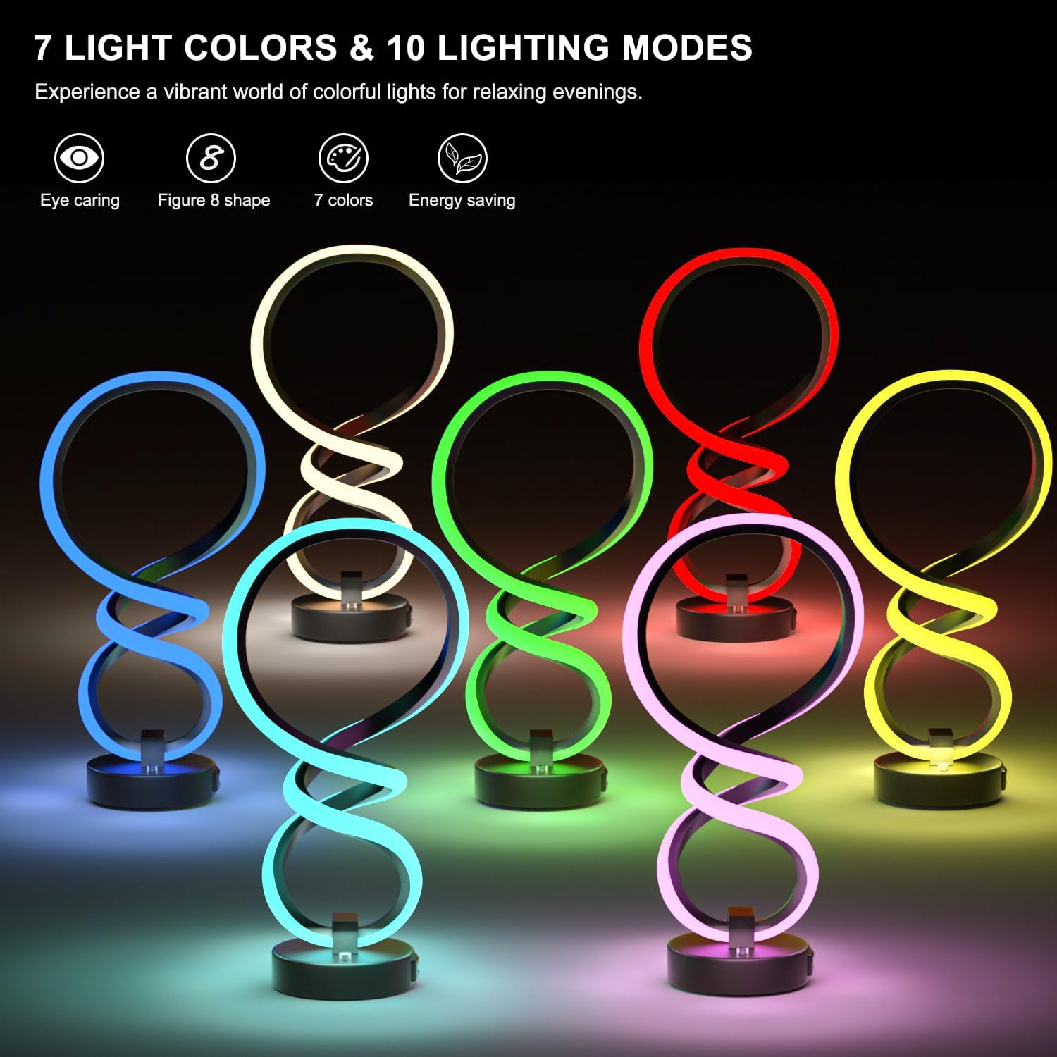Lámpara de mesa LED moderna, 7 colores y 10 modos de luz, lámparas en espiral, lámpara de mesita de noche RGB regulable táctil con puerto de carga