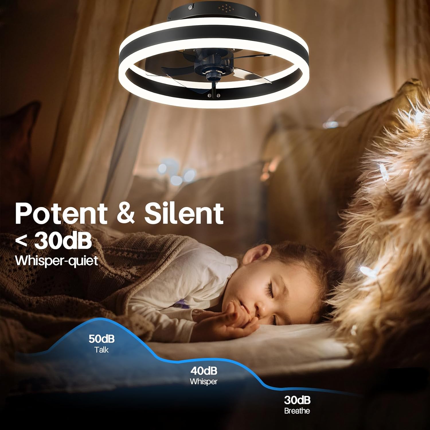 Ventilador de techo pequeño LED de perfil bajo de 15.7 pulgadas con luz, moderno, montaje empotrado semi-cerrado, aplicación inteligente y control