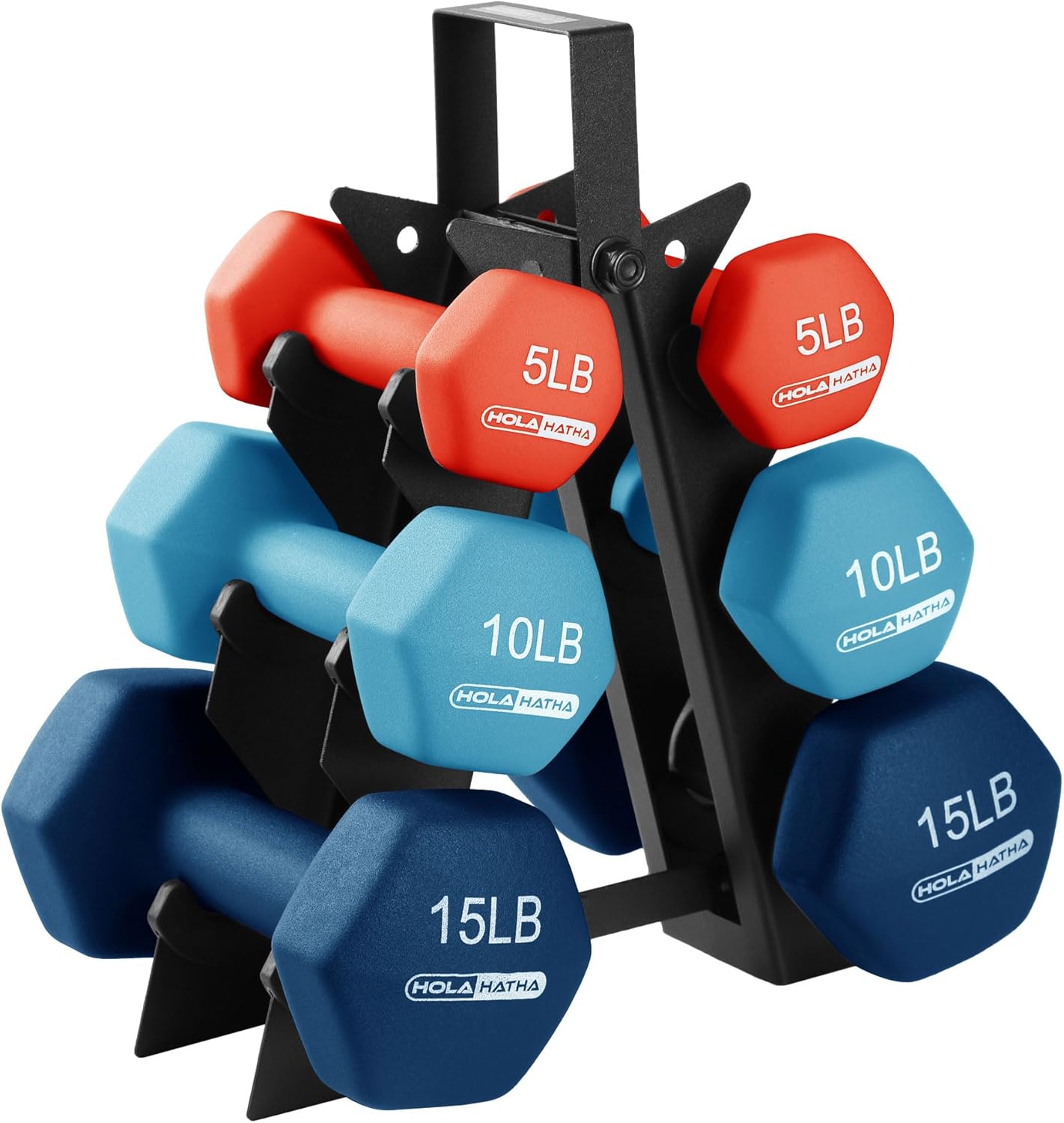 HolaHatha Juego de mancuernas de neopreno de 2, 3, 5, 8 y 10 libras con estante, ideal para ejercicios en casa para ganar tono y definición, color