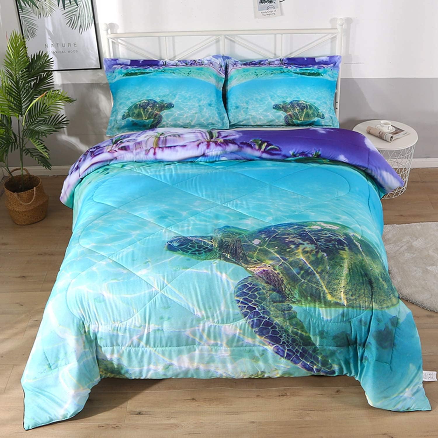 ENCOFT Juego de edredón de tortuga para niños, juego de ropa de cama matrimonial para niñas y niños, juego de ropa de cama de 3 piezas, color azul