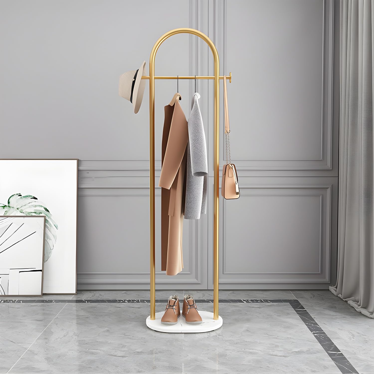 Hermoso colgador de ropa de pie doble para dormitorio, perchero de metal independiente con base de mármol, 24 pulgadas de largo x 13 pulgadas de