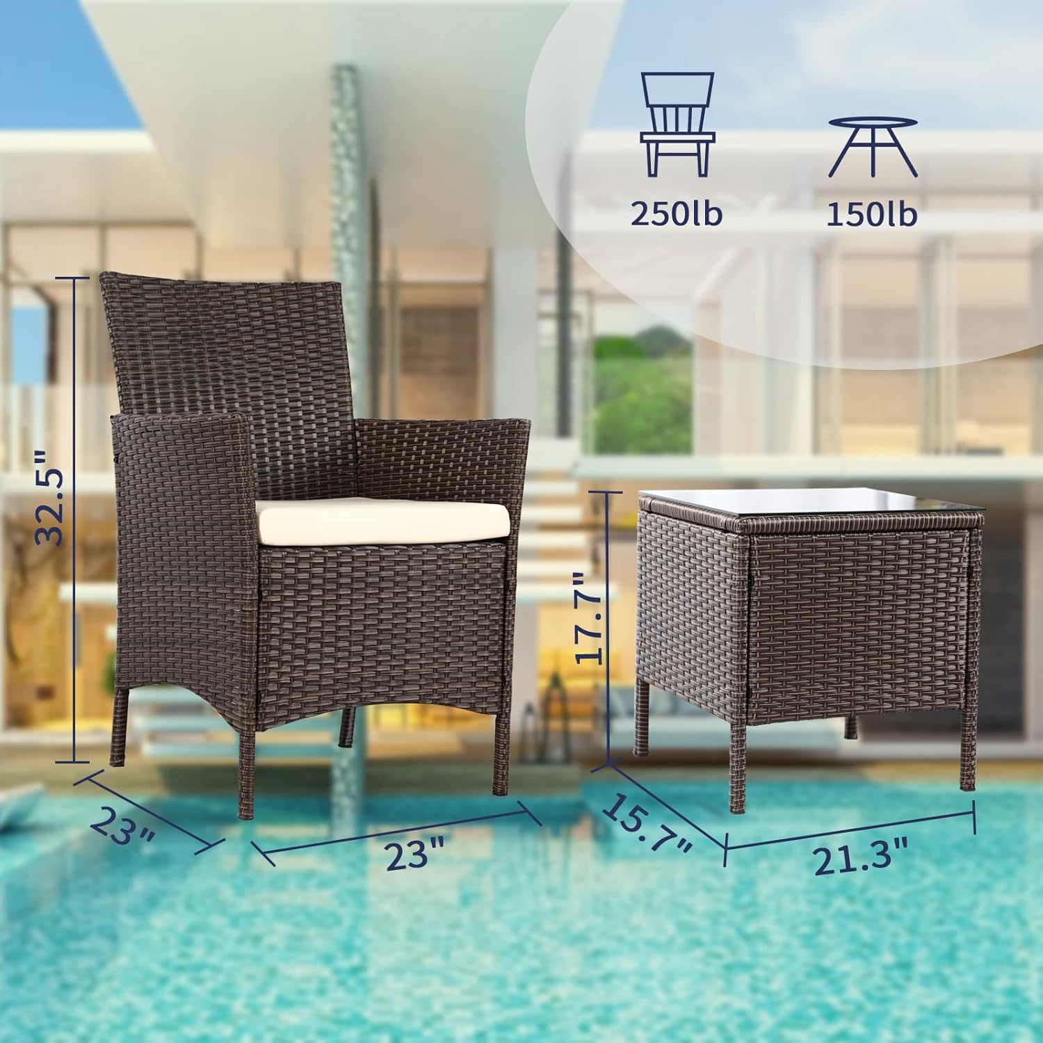 KAWIVAST Juego de muebles de patio de 3 piezas, juegos de muebles de patio de mimbre, muebles de ratán PE al aire libre, muebles de porche