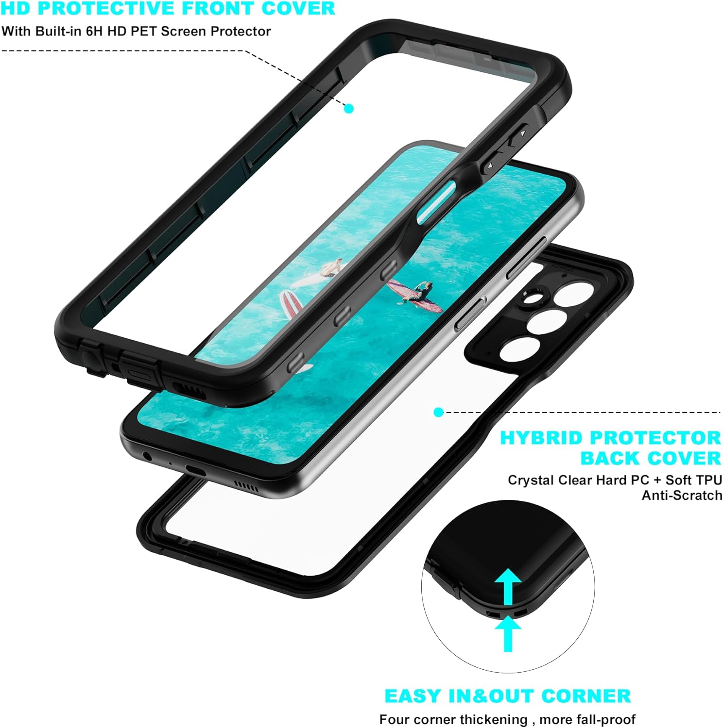 Funda impermeable para teléfono Samsung Galaxy A24 4GA25 5G, protector de pantalla y lente transparente, protector de cuerpo completo, resistente a